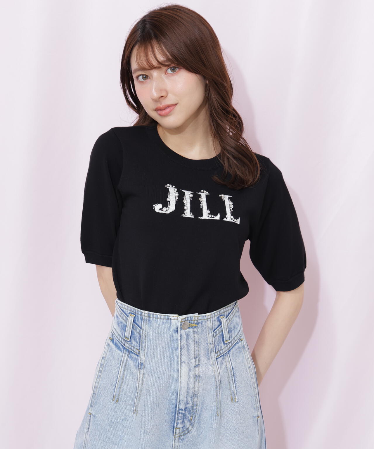 半袖ロゴジャカードビジューニット