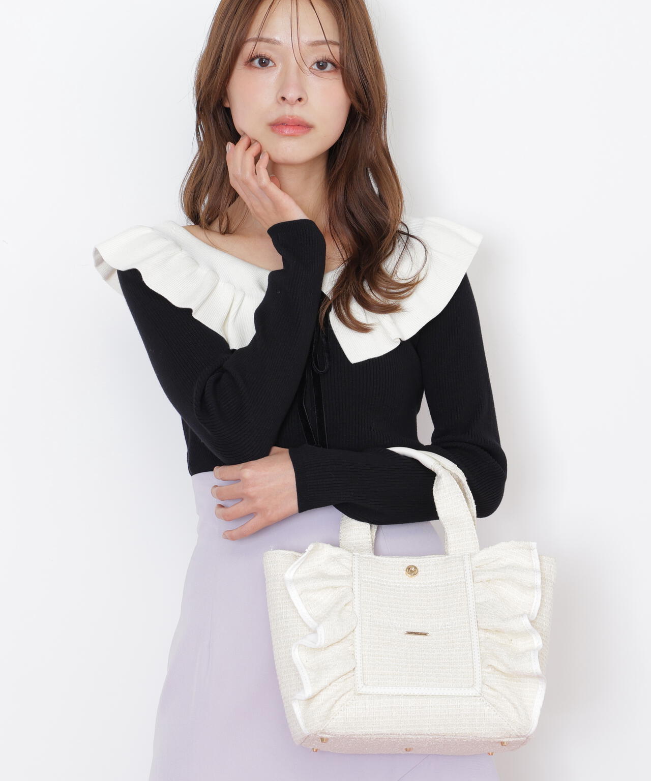 パステルツイードフレームフリルトートバッグ