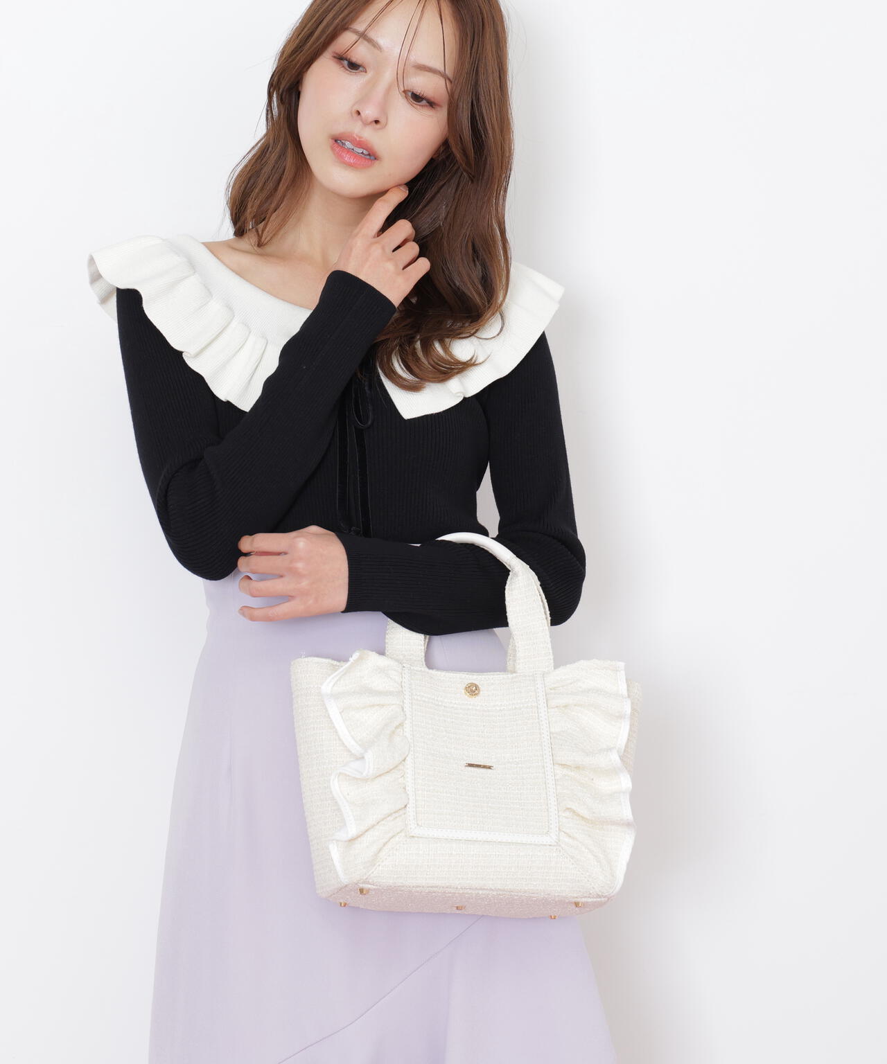 パステルツイードフレームフリルトートバッグ