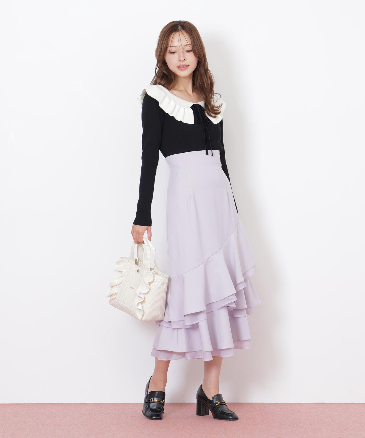 パステルツイードフレームフリルトートバッグ