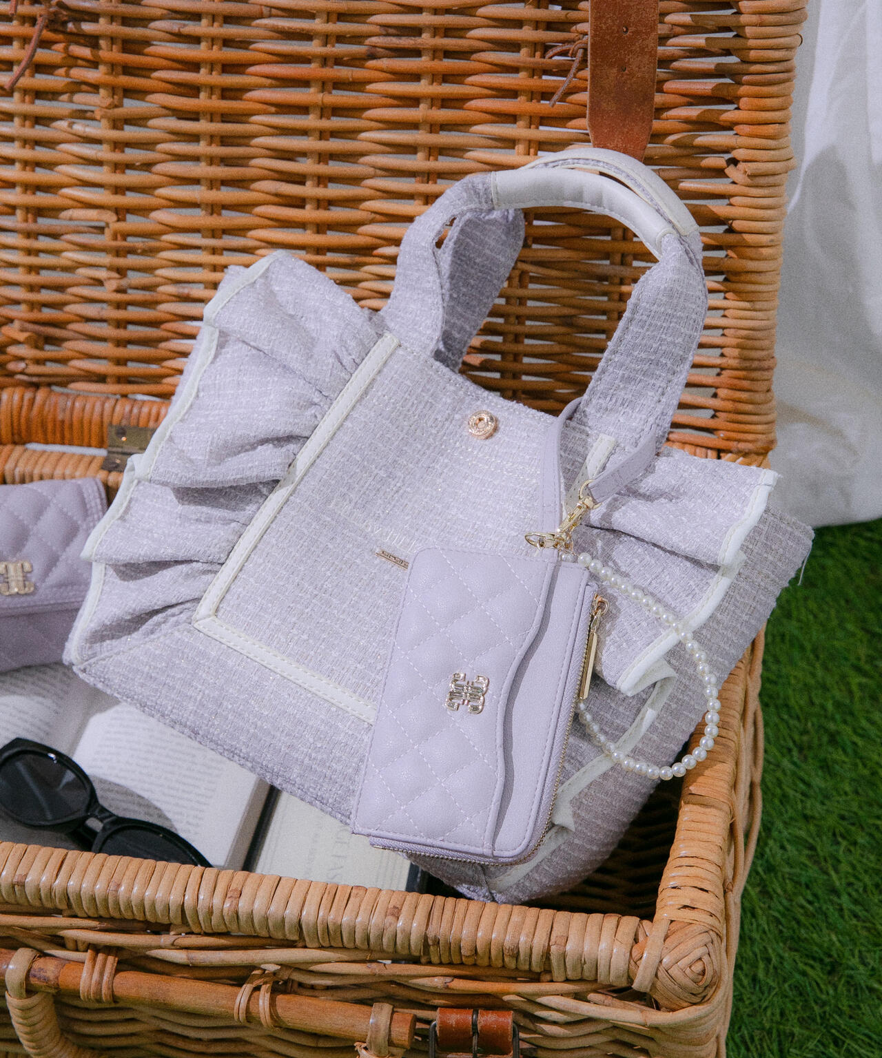 パステルツイードフレームフリルトートバッグ