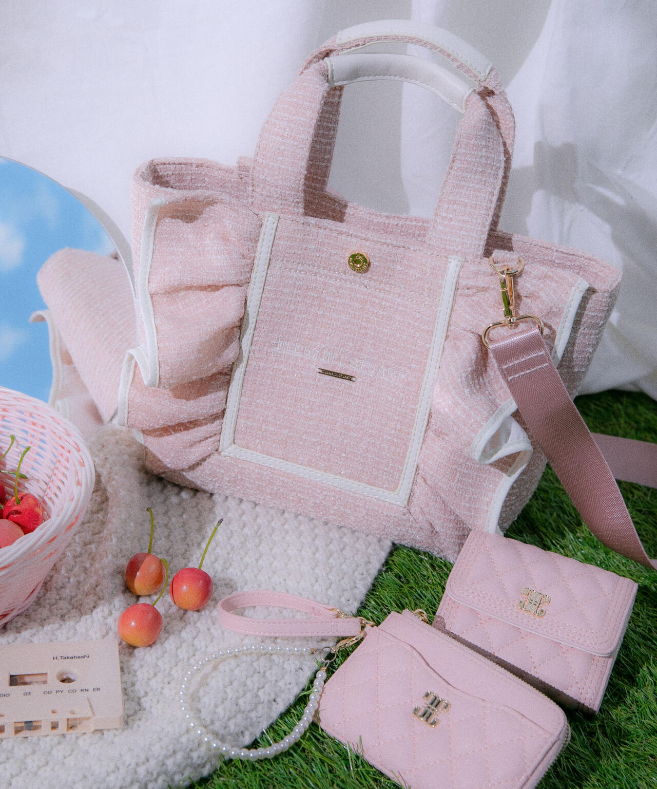 パステルツイードフレームフリルトートバッグ