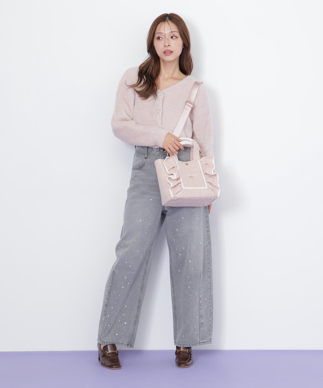 パステルツイードフレームフリルトートバッグ