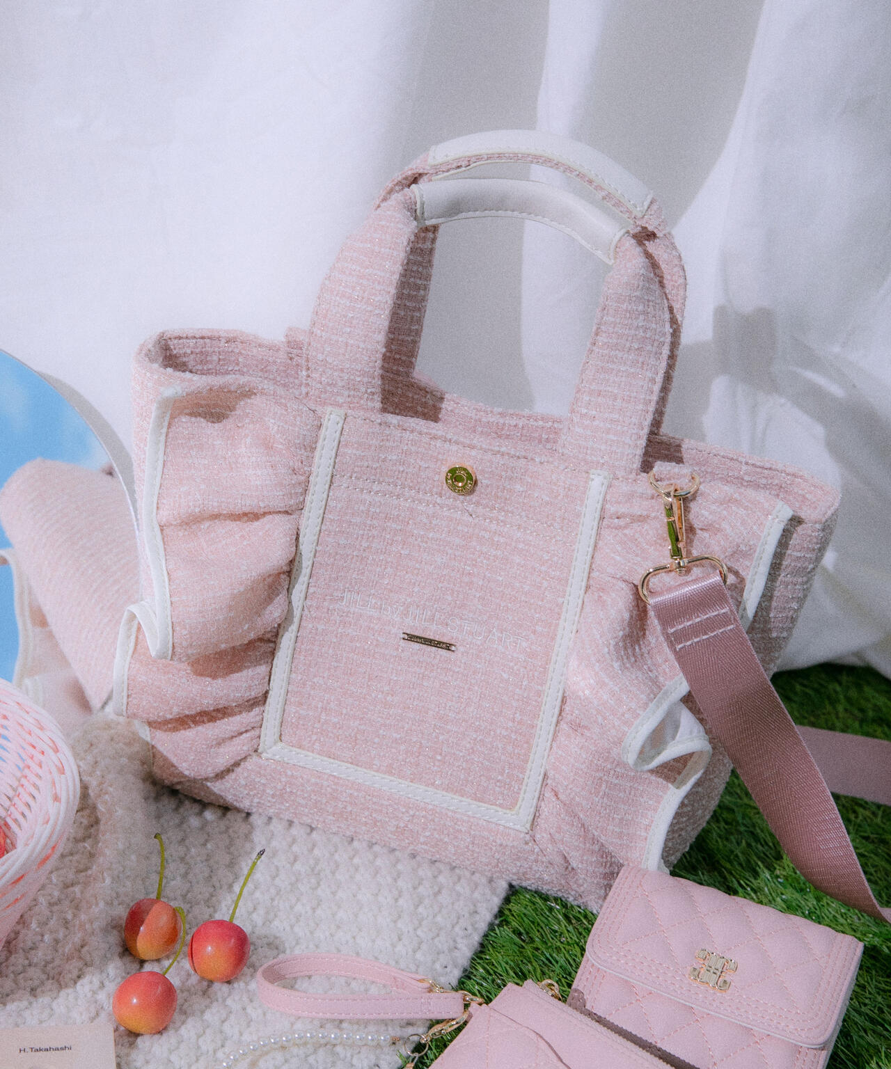 パステルツイードフレームフリルトートバッグ