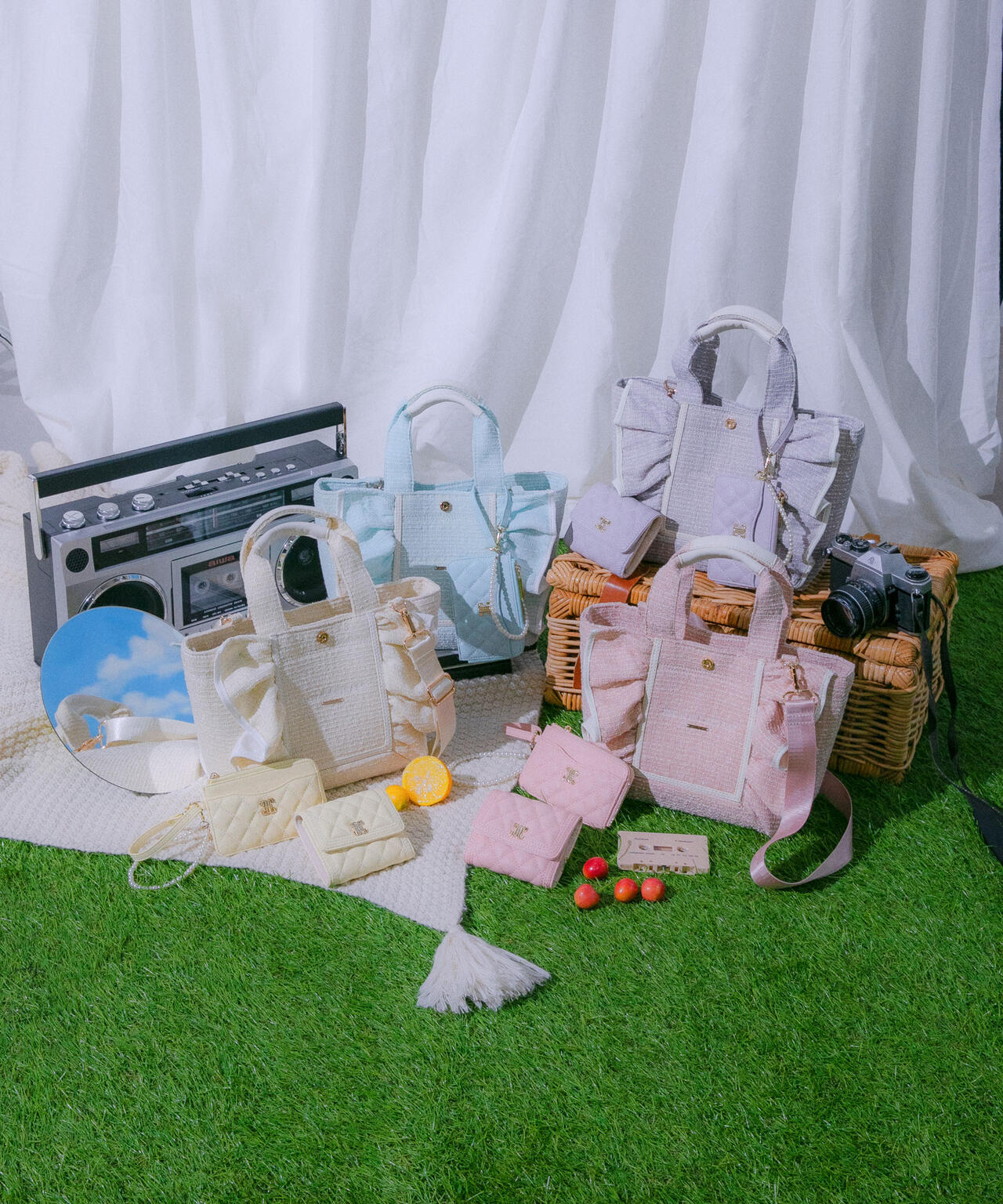 パステルツイードフレームフリルトートバッグ