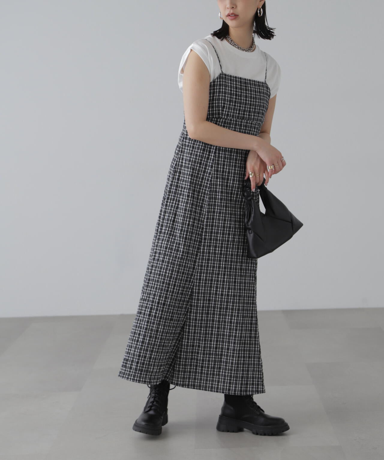 【3サイズ展開XS-M】ぽこぽこチェックマーメイドキャミワンピース【低身長サイズ有】