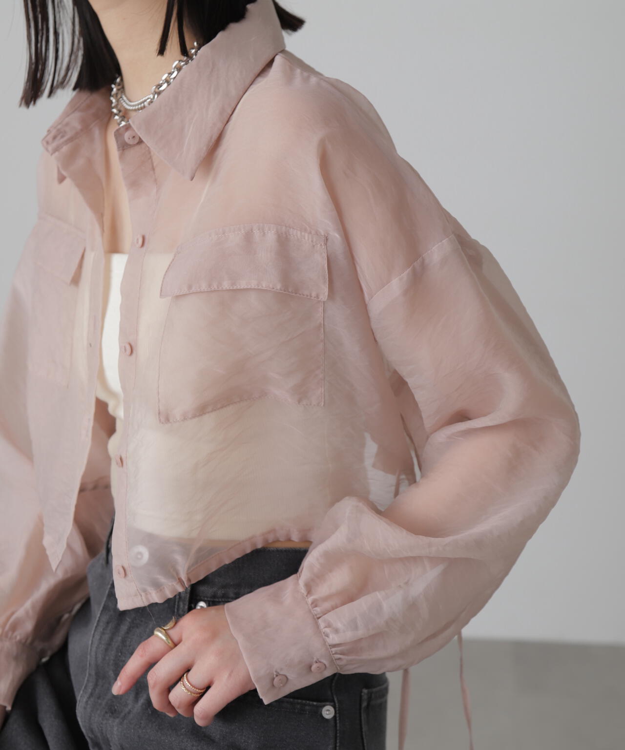 裾ドロストショート丈シアーシャツ