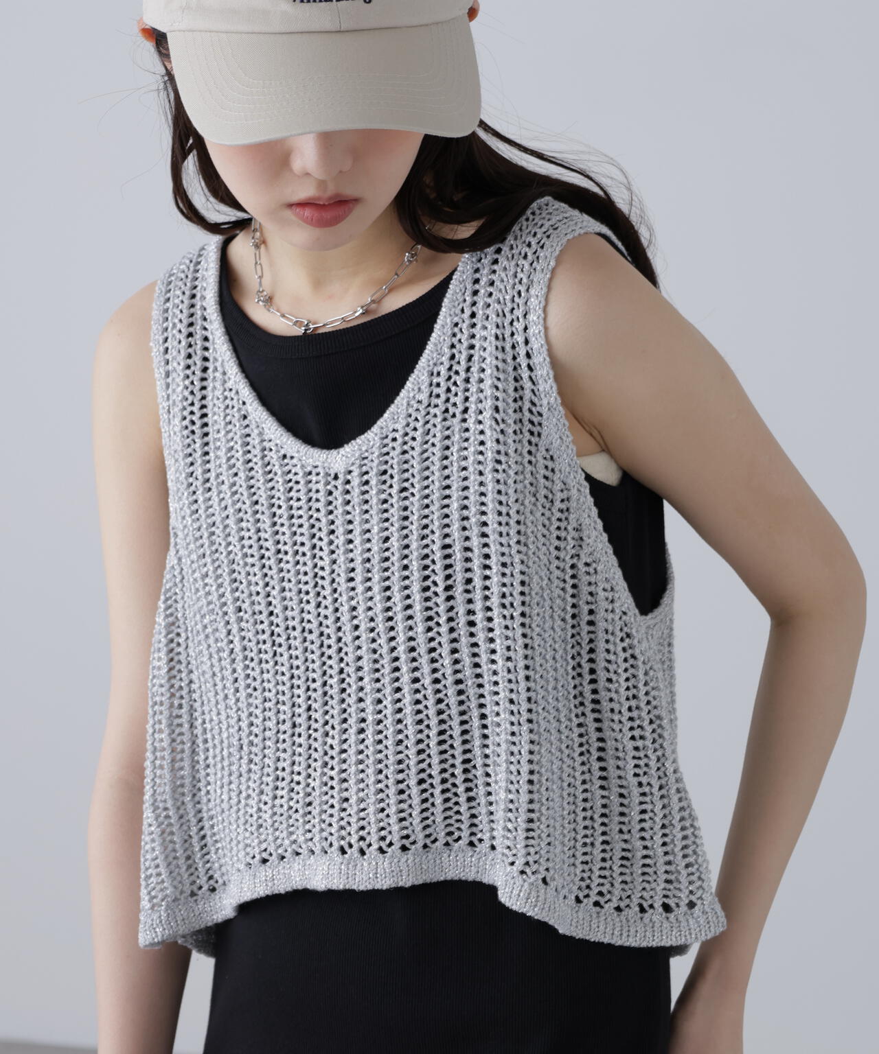 前後2wayラメニットメッシュベスト