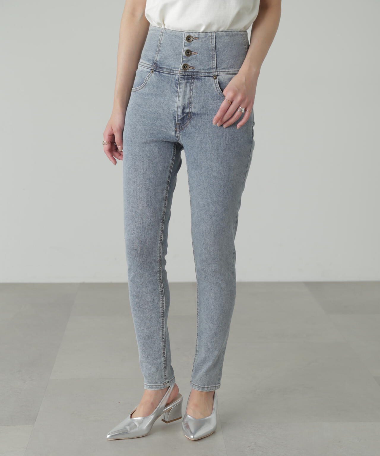 【3サイズ展開XS-M】ハイウエストボタンフライスキニーデニムパンツ【低身長サイズ有】