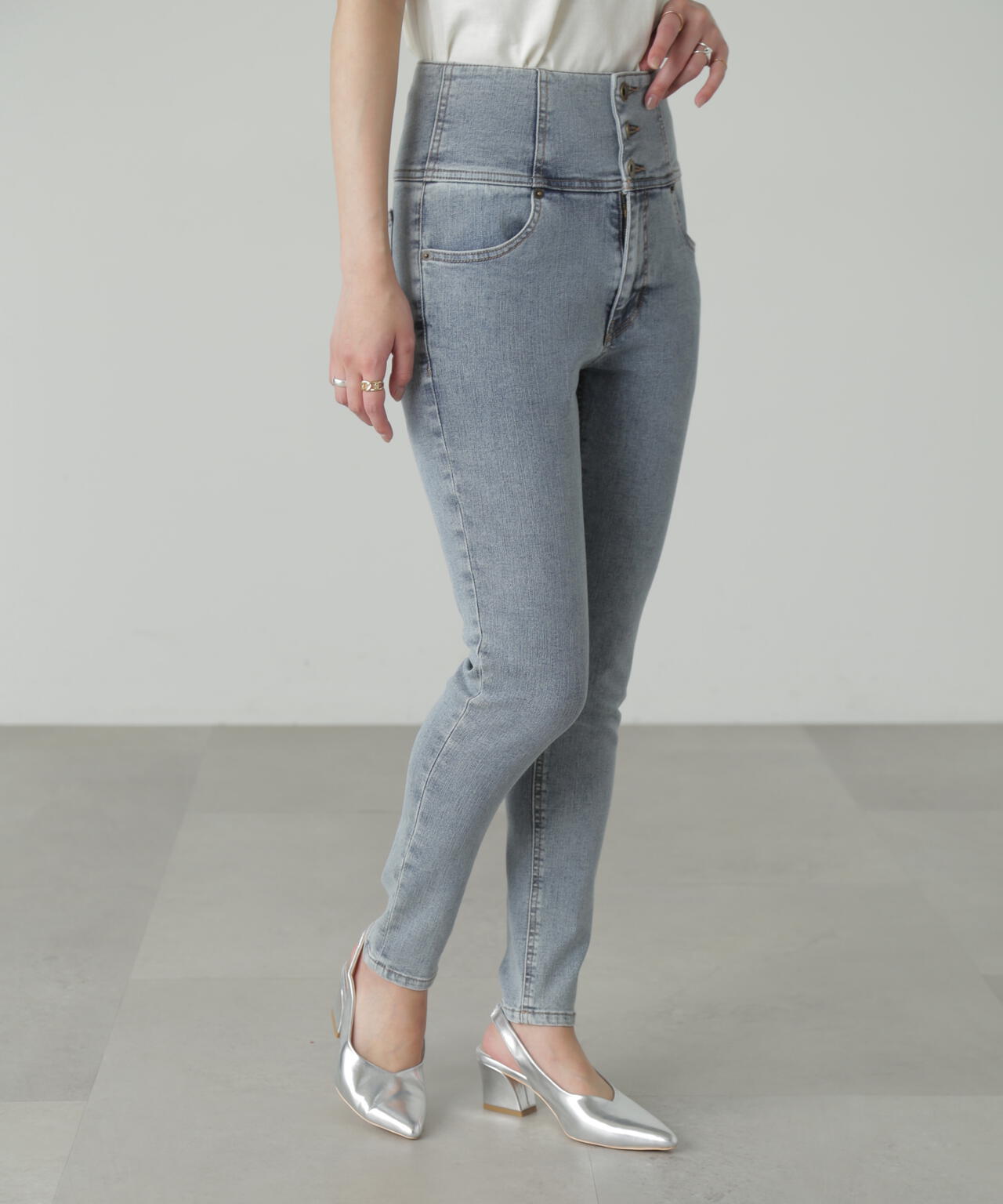 【3サイズ展開XS-M】ハイウエストボタンフライスキニーデニムパンツ【低身長サイズ有】