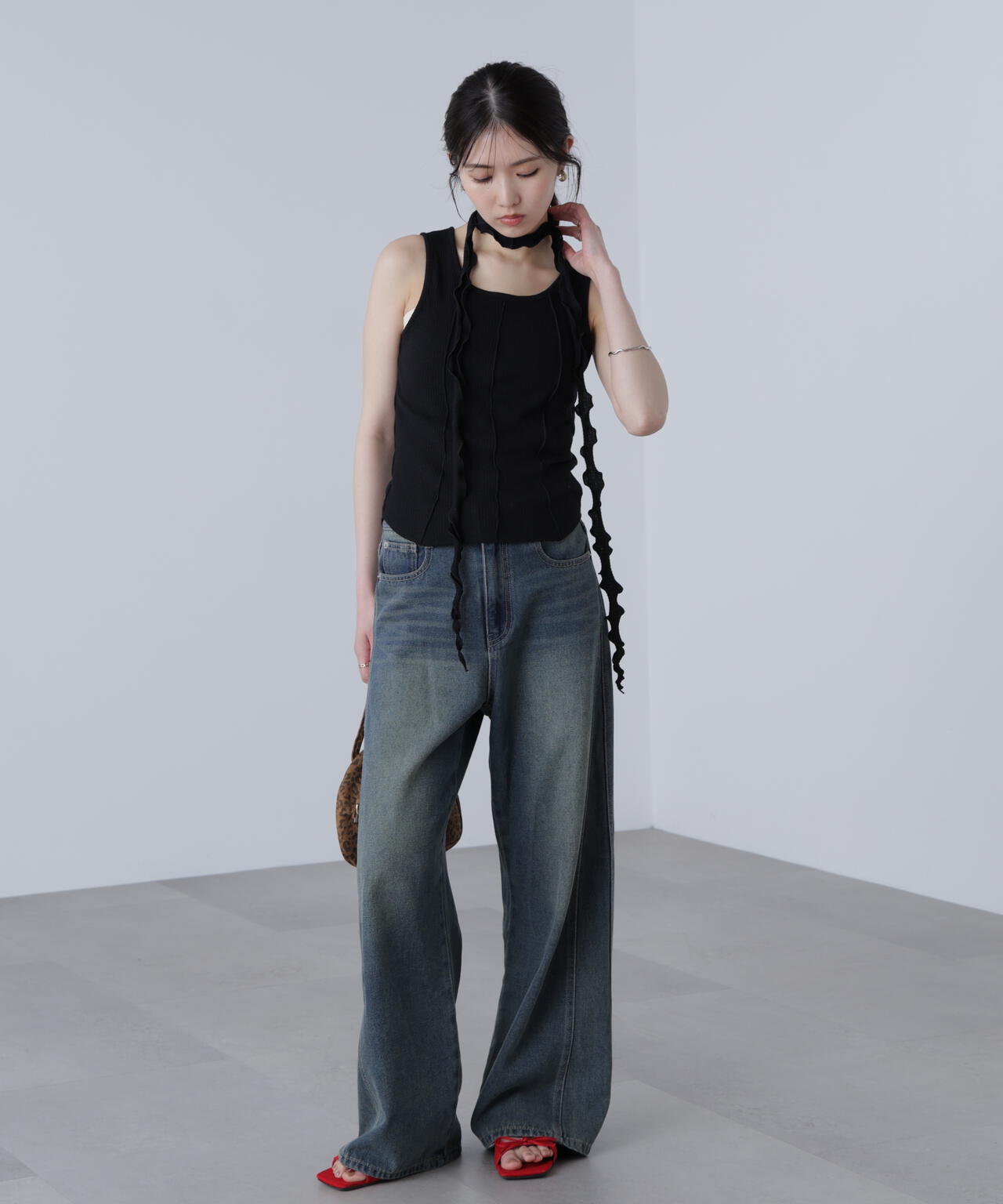 【3サイズ展開XS-L】サイドパネルヴィンテージライクワイドデニム【低身長サイズ有】