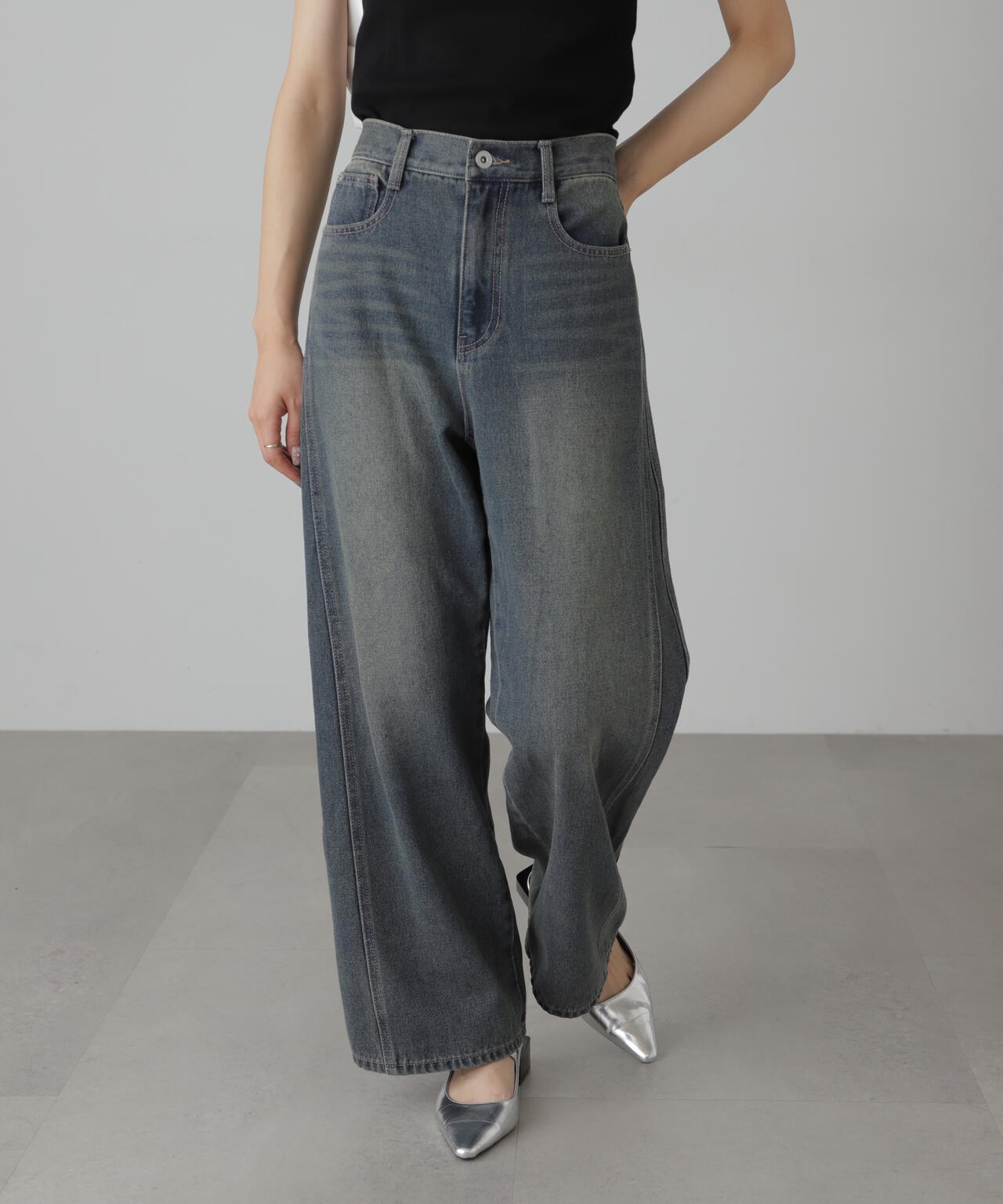 【3サイズ展開XS-L】サイドパネルヴィンテージライクワイドデニム【低身長サイズ有】