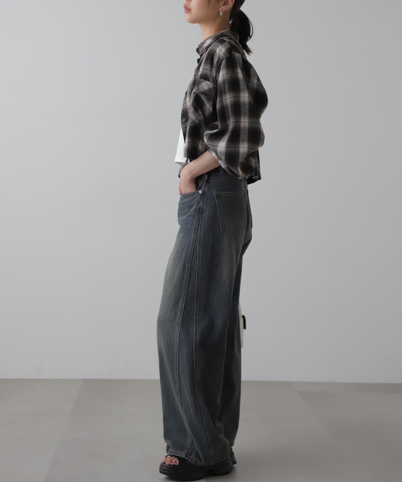 【3サイズ展開XS-L】サイドパネルヴィンテージライクワイドデニム【低身長サイズ有】