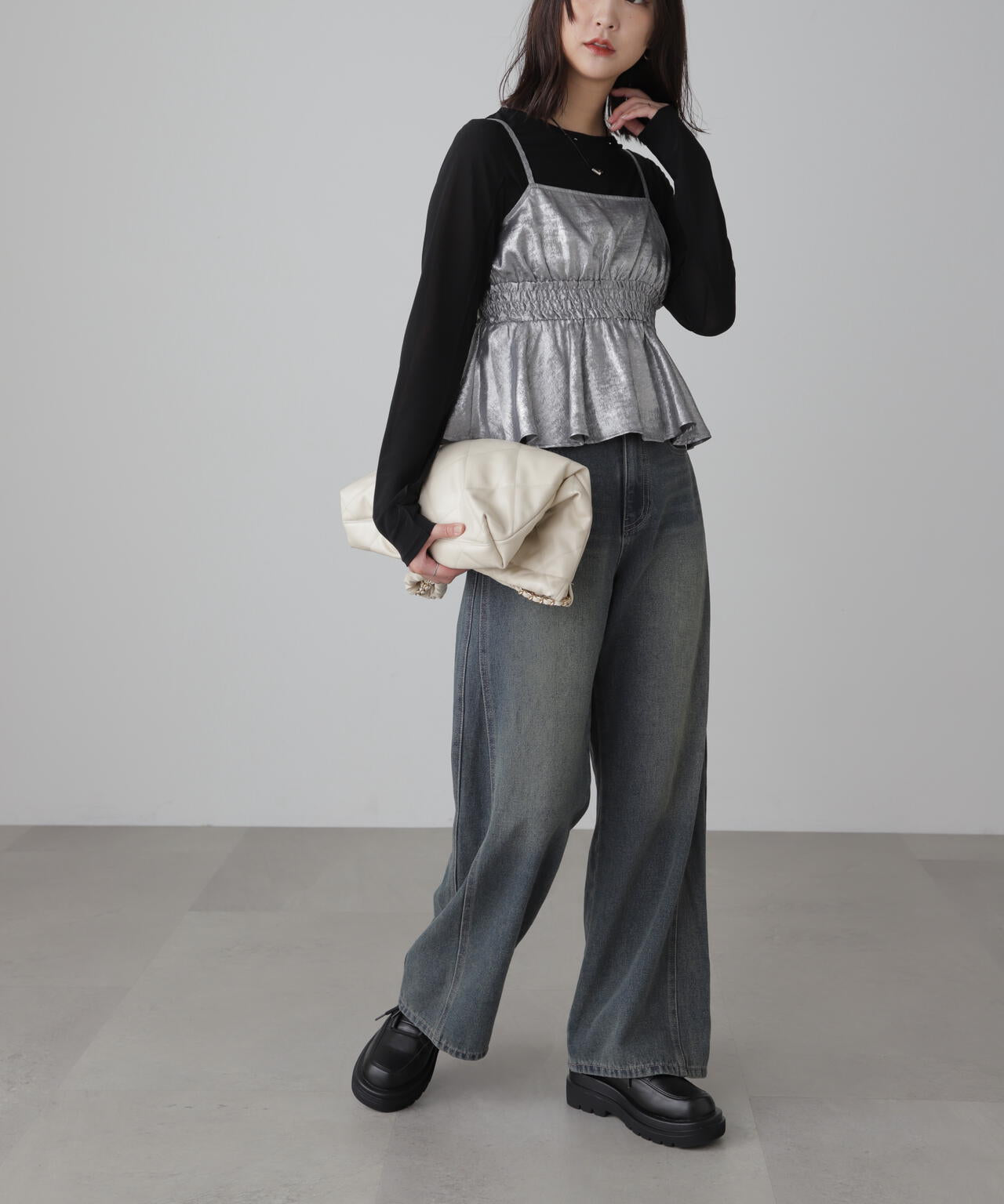 【3サイズ展開XS-L】サイドパネルヴィンテージライクワイドデニム【低身長サイズ有】