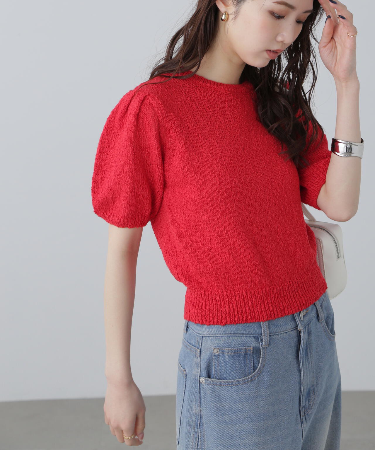 スラブ編み半袖ニット