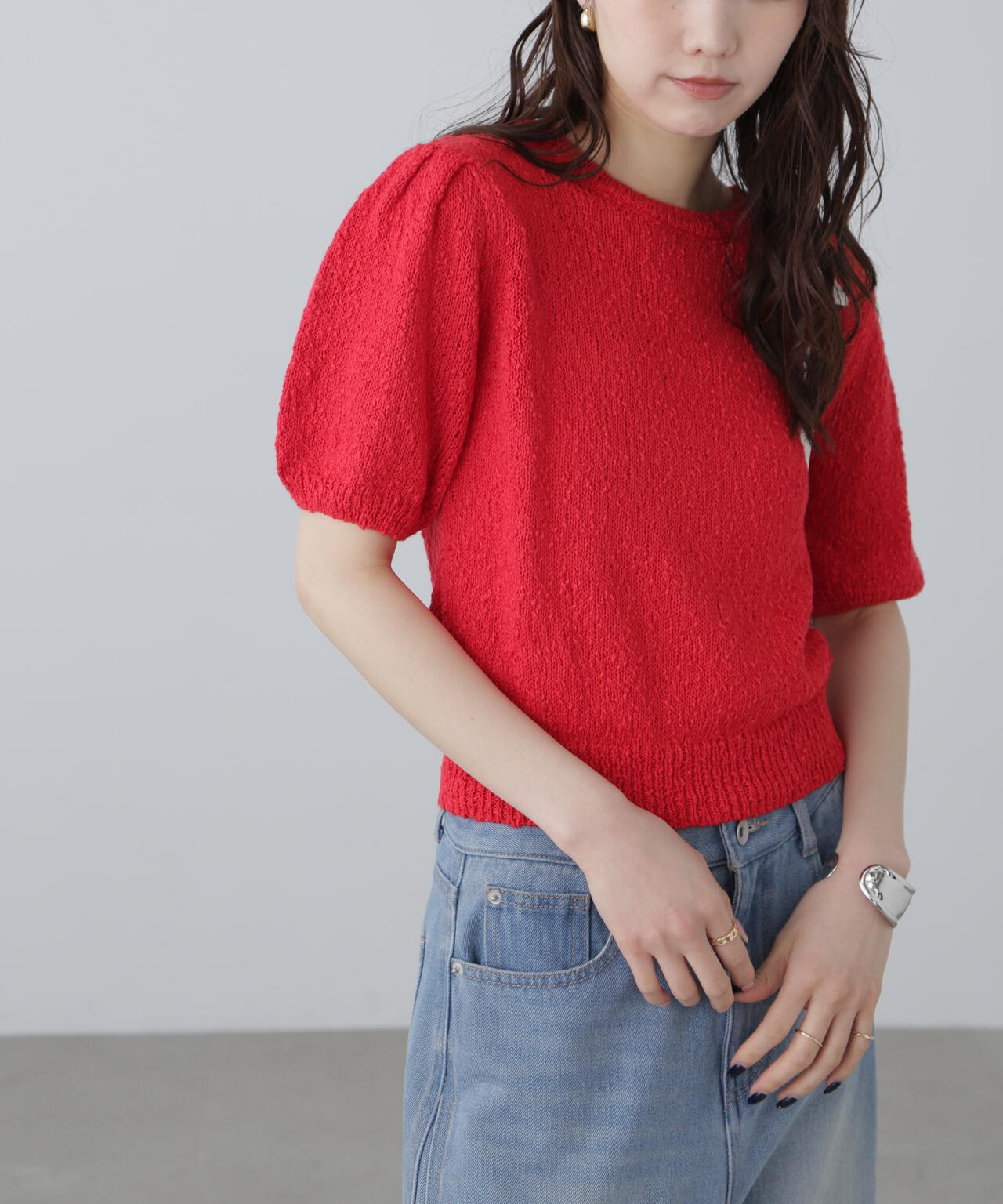 スラブ編み半袖ニット