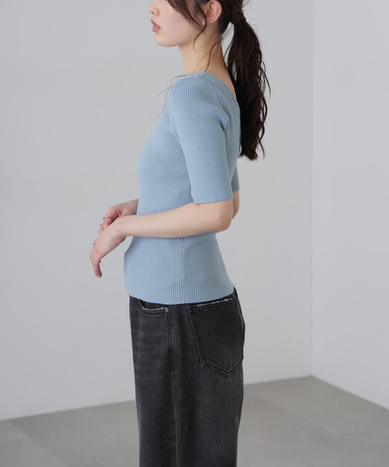 〈洗える〉マシンウォッシャブル前後2WAY5分袖ニット