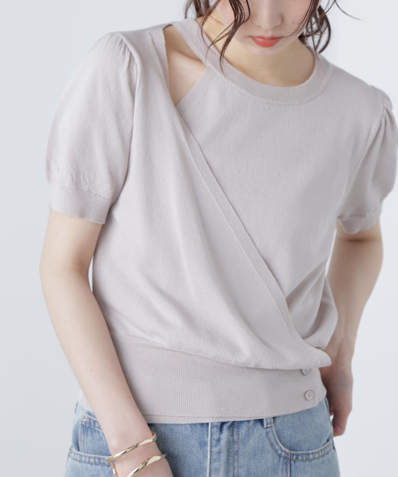 キャミレイヤードカシュクール半袖ニット