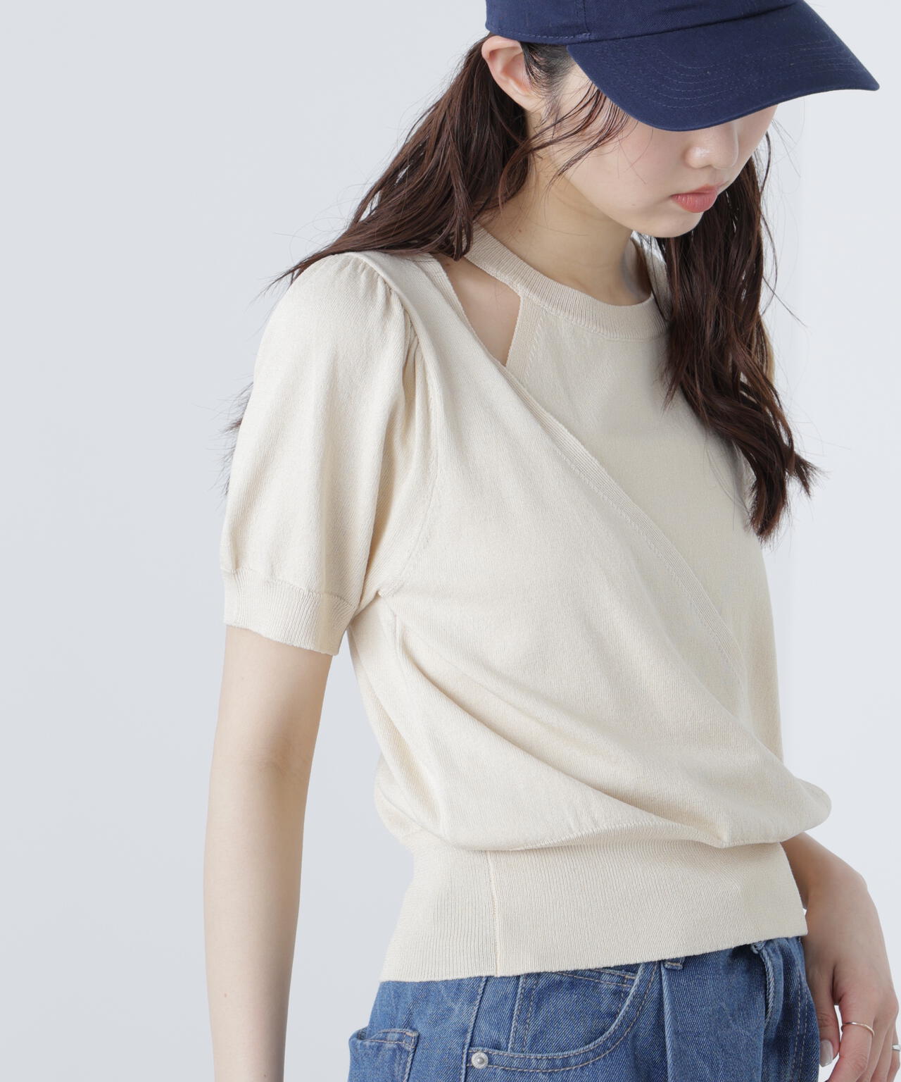 キャミレイヤードカシュクール半袖ニット