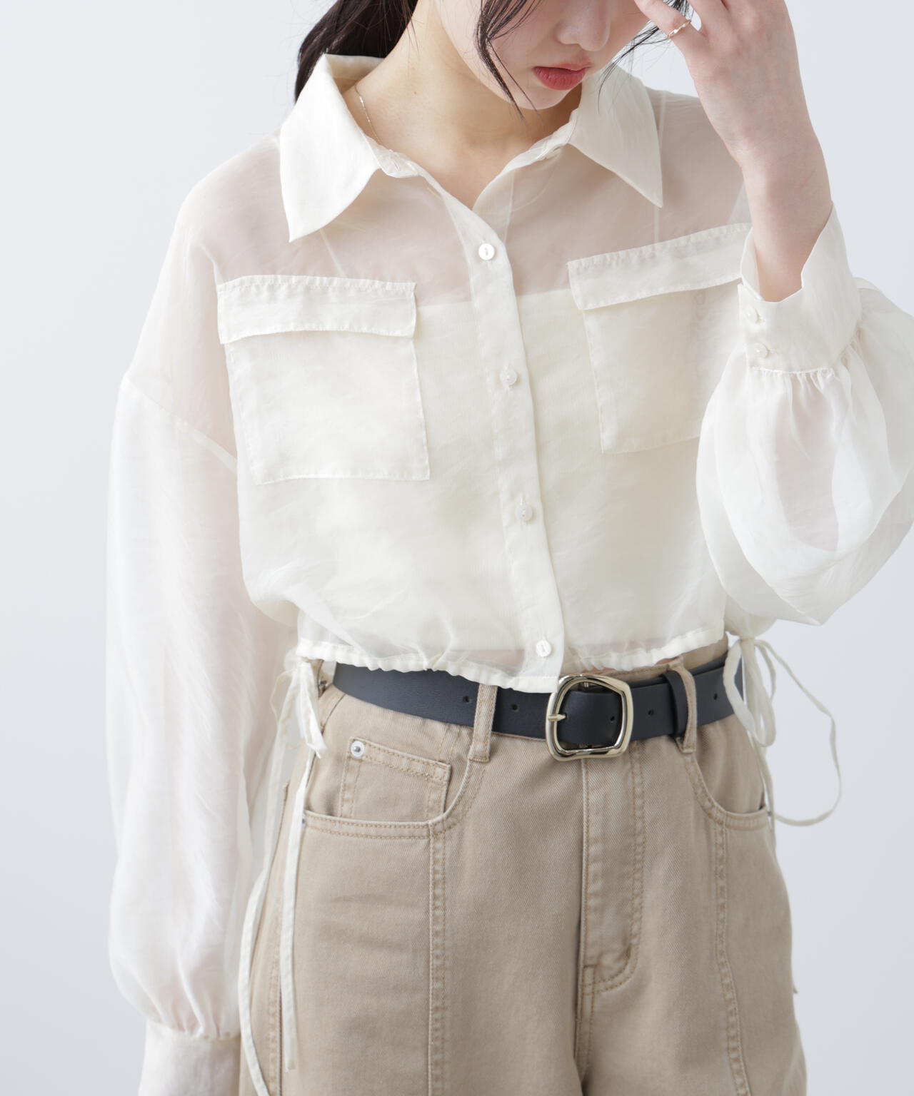 裾ドロストショート丈シアーシャツ