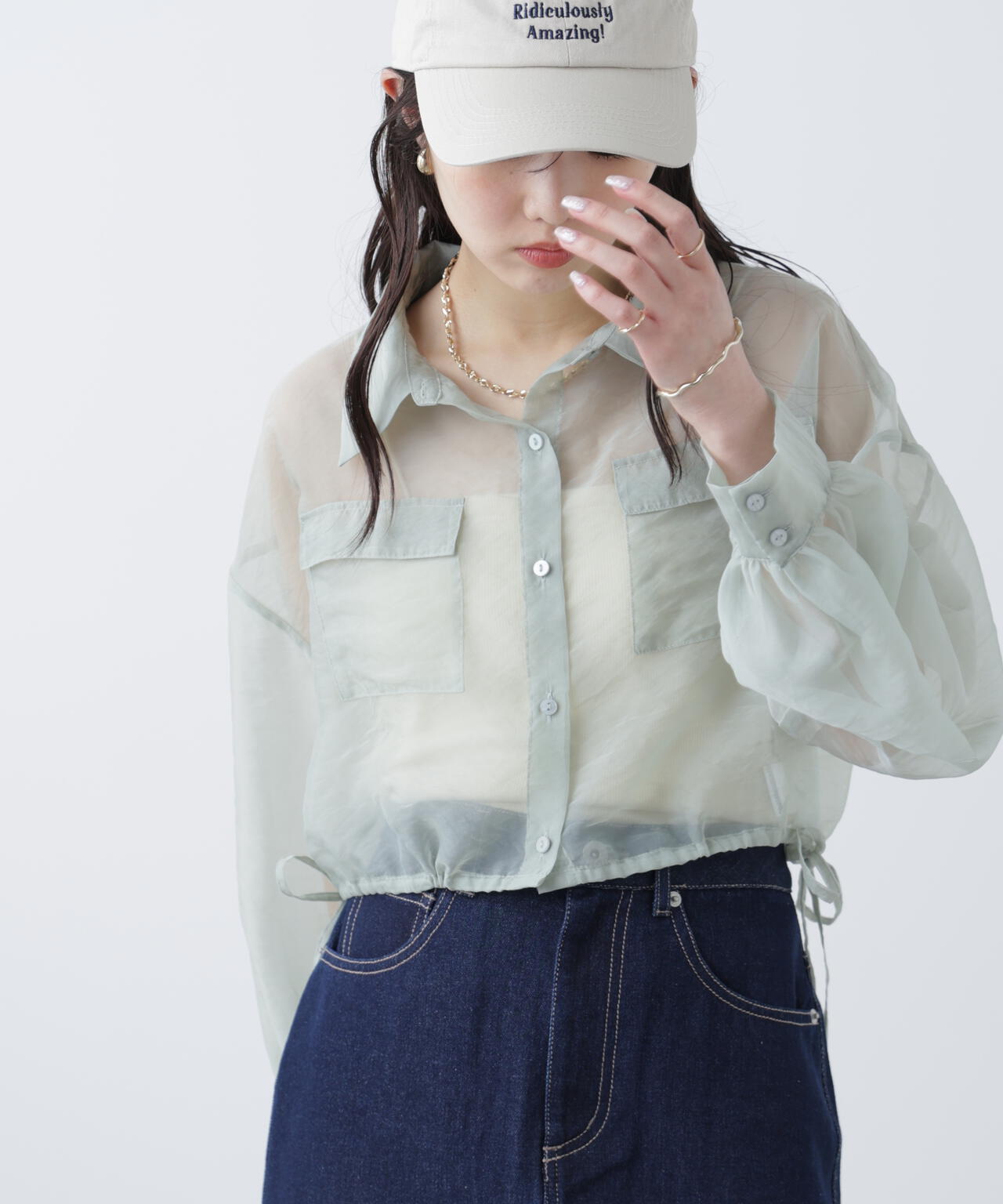 裾ドロストショート丈シアーシャツ