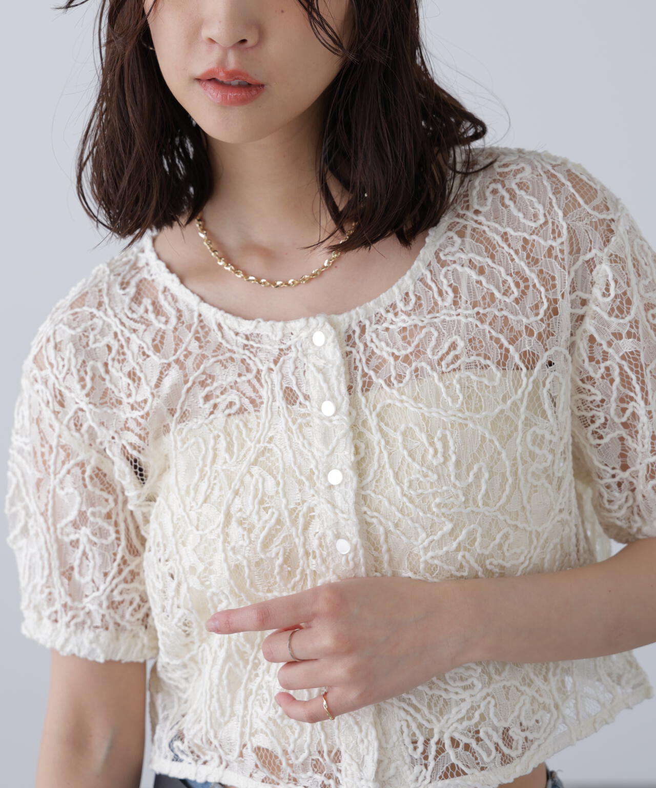 レースコード刺繍前後2wayブラウス