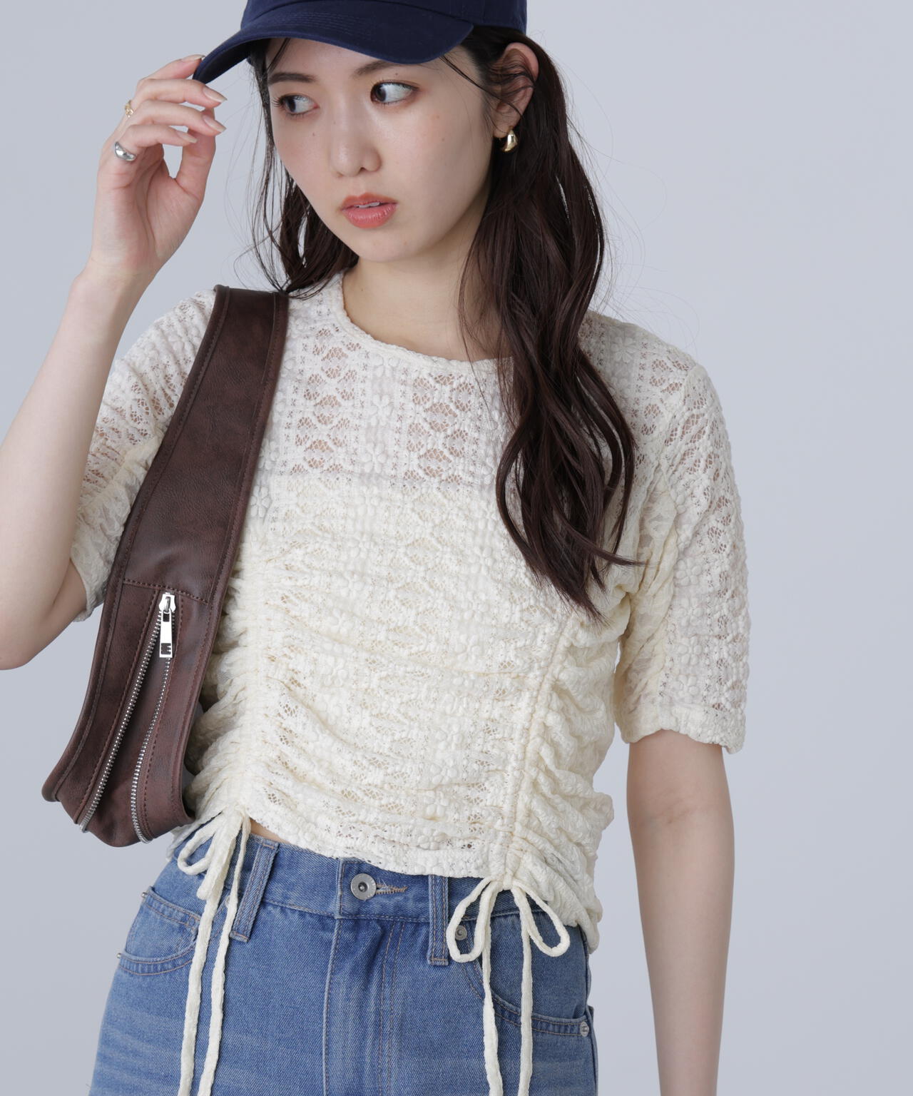 ストレッチレースドロストトップス