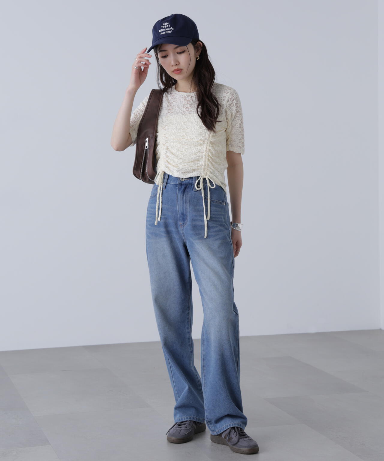 ストレッチレースドロストトップス