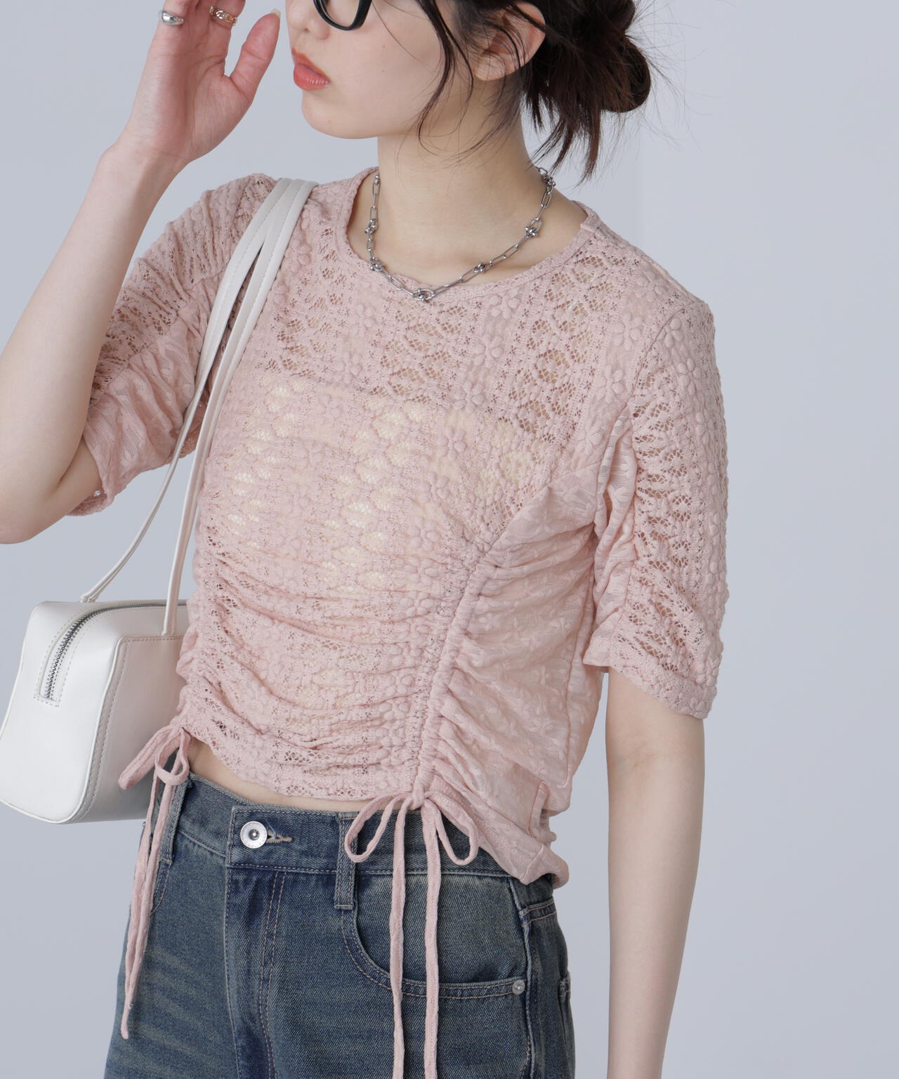 ストレッチレースドロストトップス
