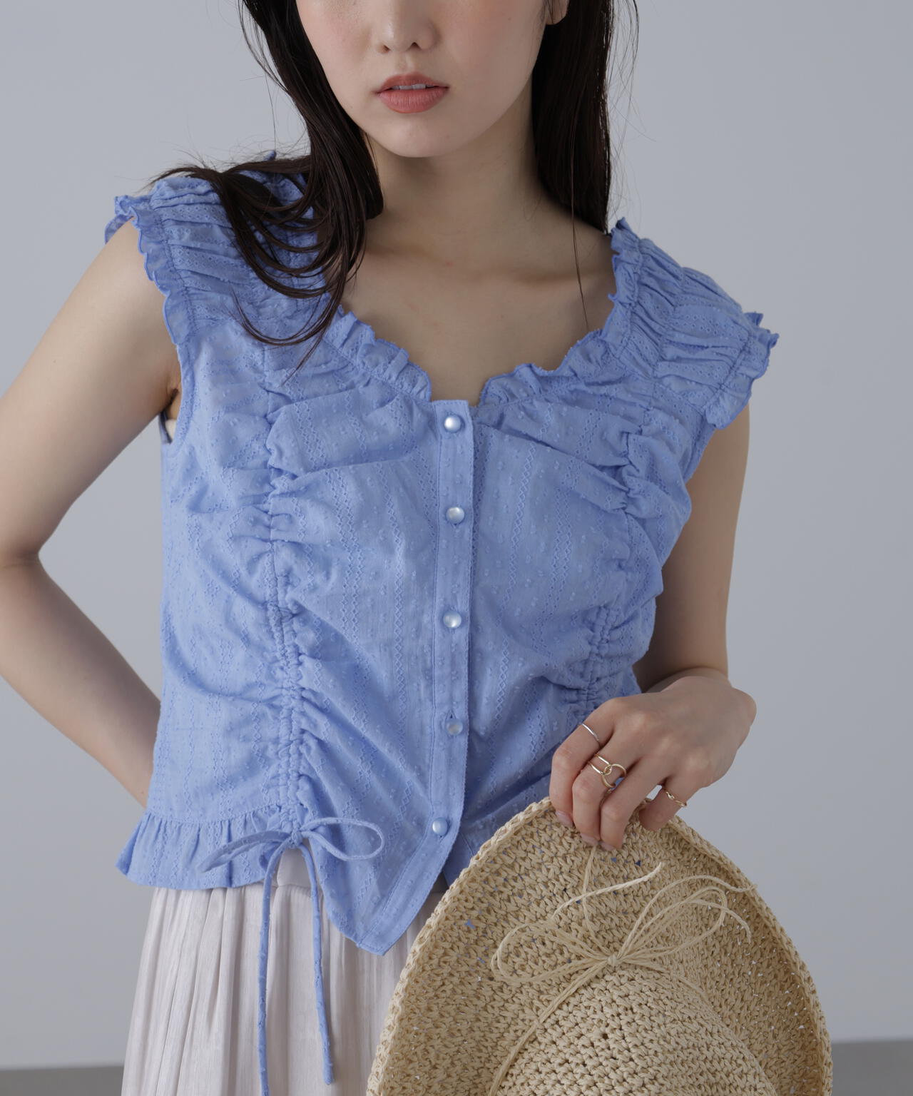 ドロストリボンフレンチブラウス