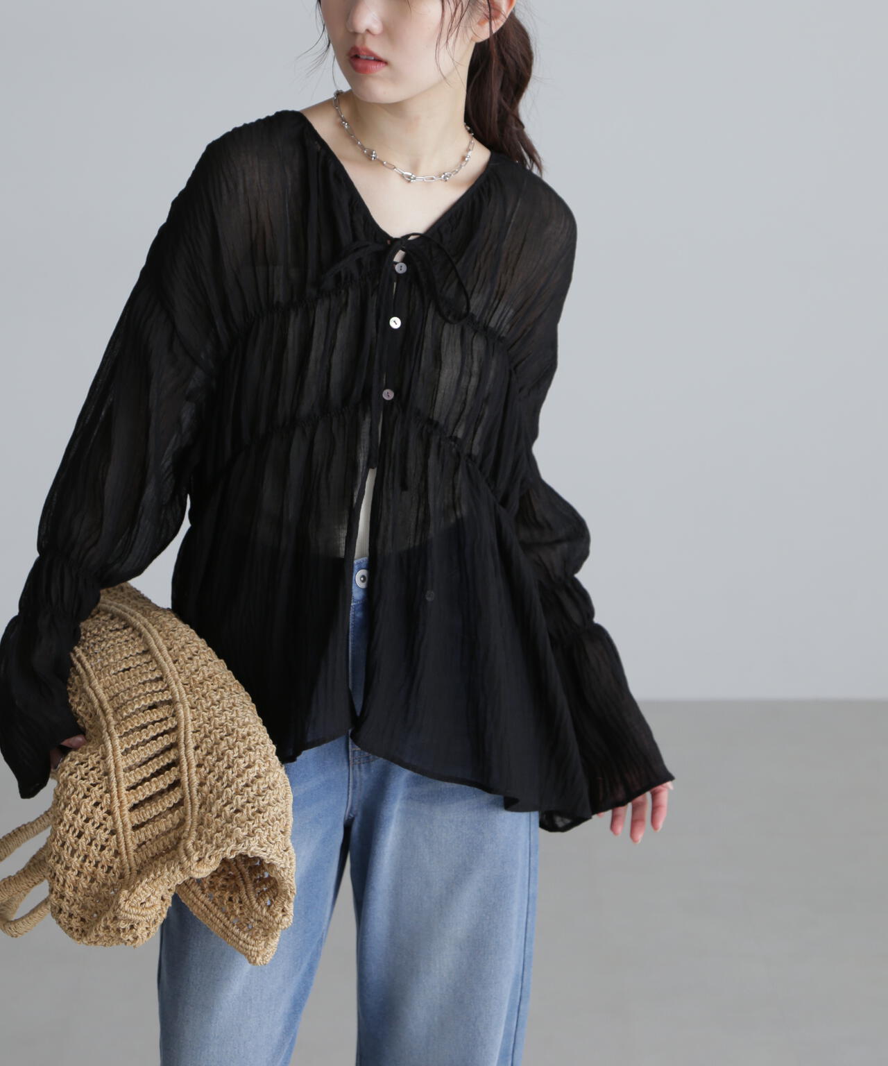 シャーリングドロストチュニックブラウス