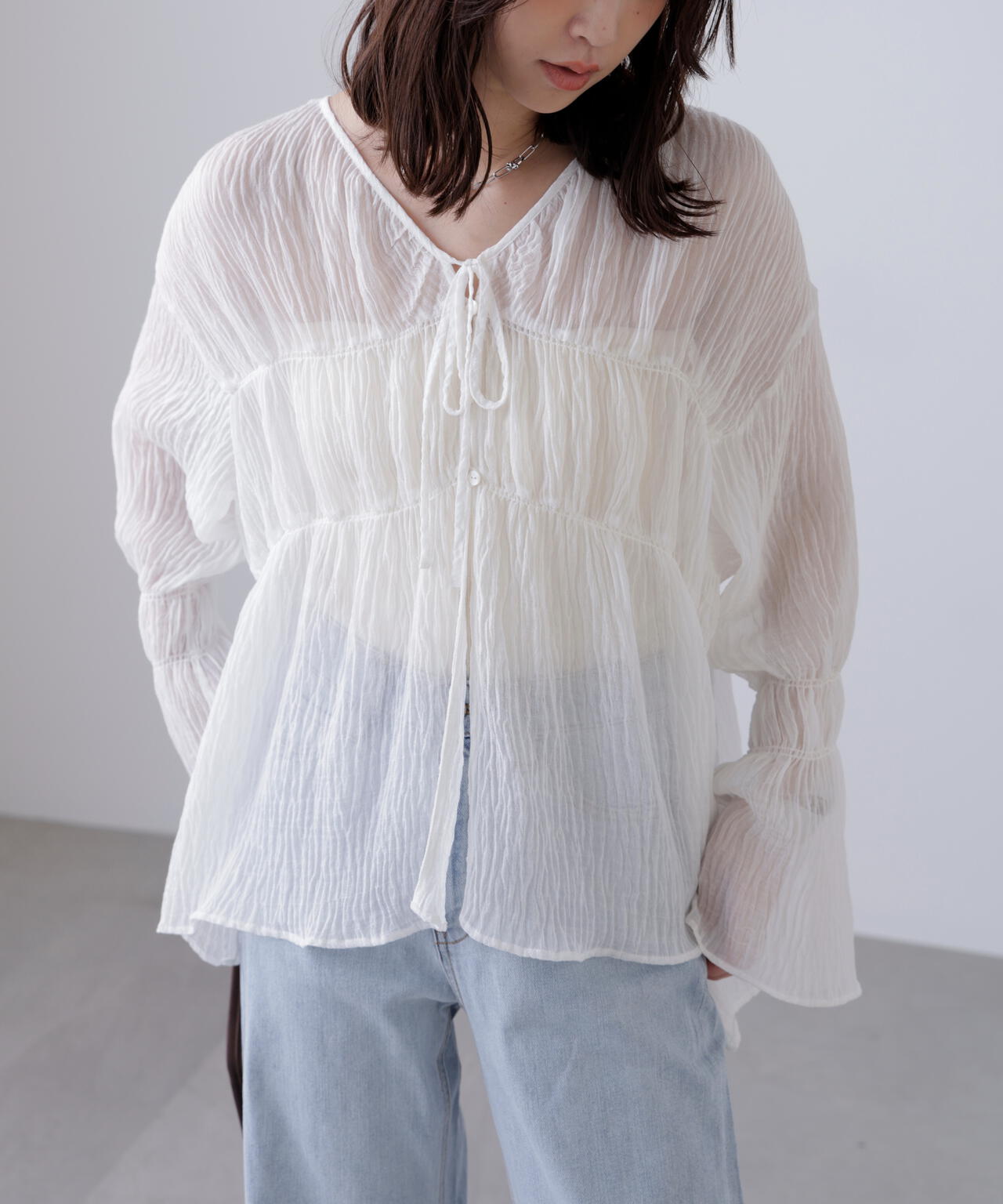 シャーリングドロストチュニックブラウス