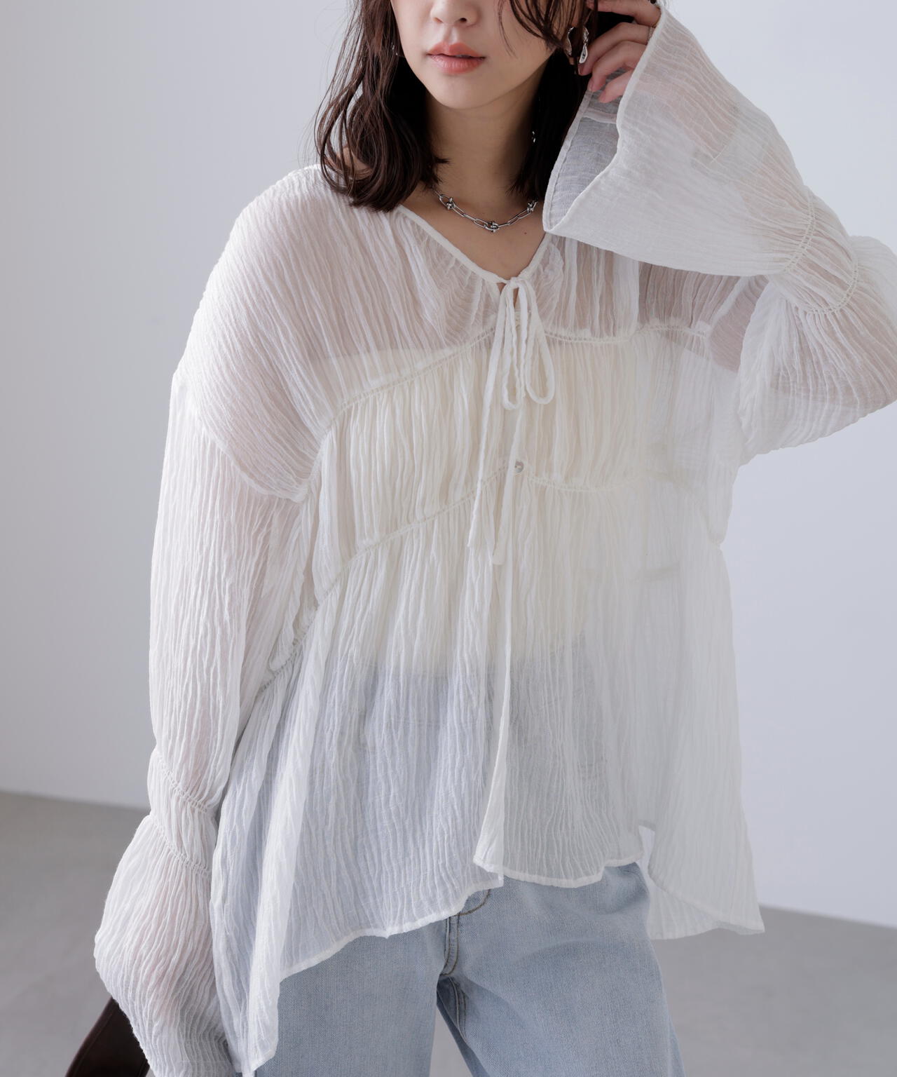 シャーリングドロストチュニックブラウス
