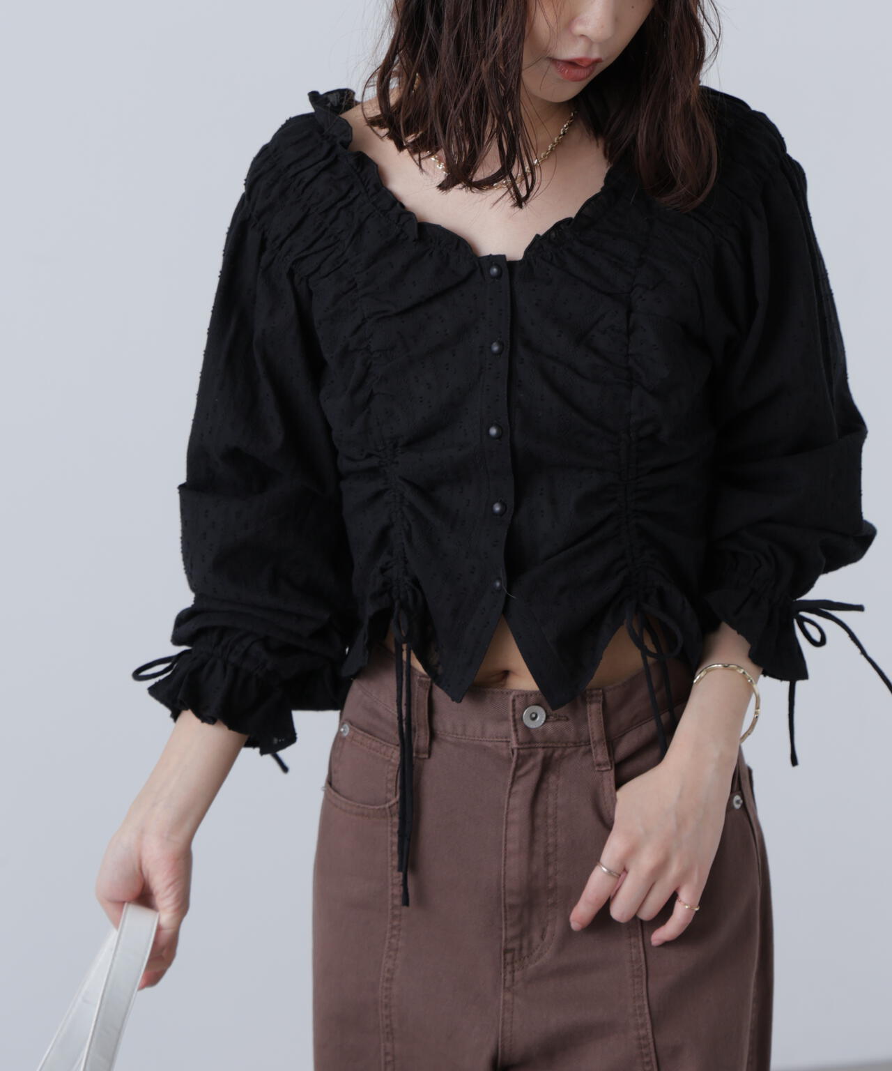 ドロストリボン長袖ブラウス