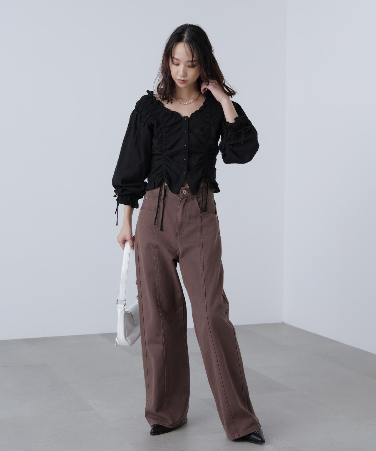 ドロストリボン長袖ブラウス