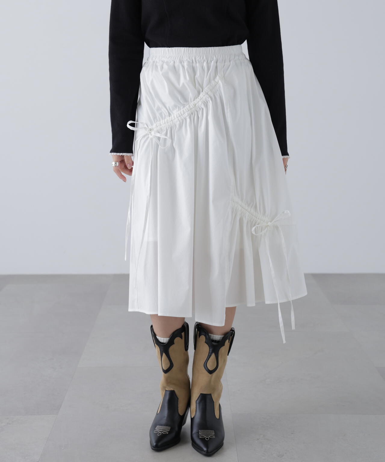 アシメドロストリボンミディスカート