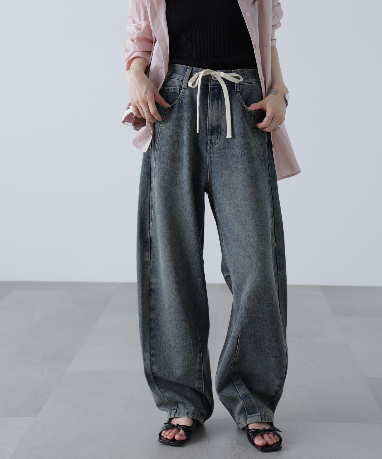 ドロストバレルレッグデニムパンツ