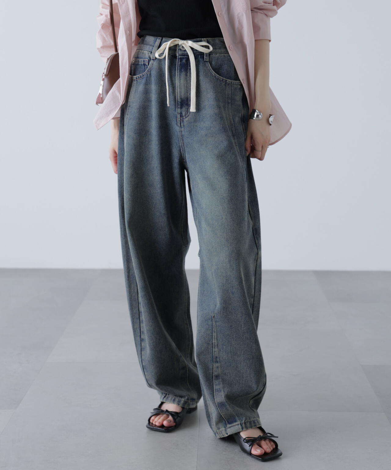 ドロストバレルレッグデニムパンツ