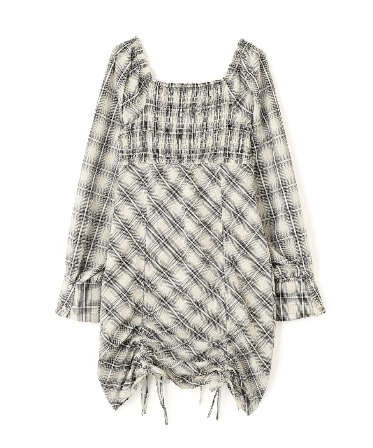 シャーリングドロストリボンチェックミニワンピース