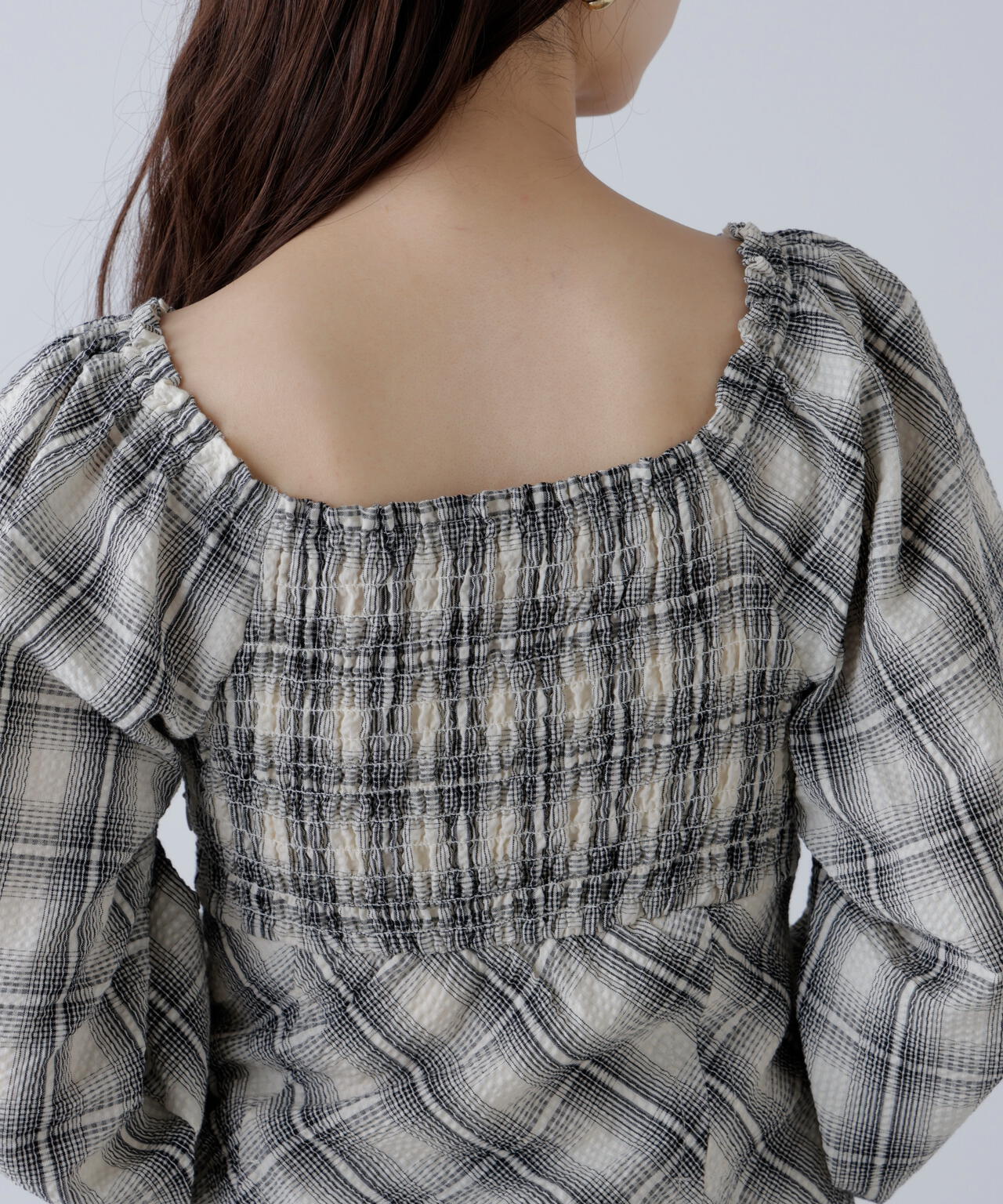 シャーリングドロストリボンチェックミニワンピース