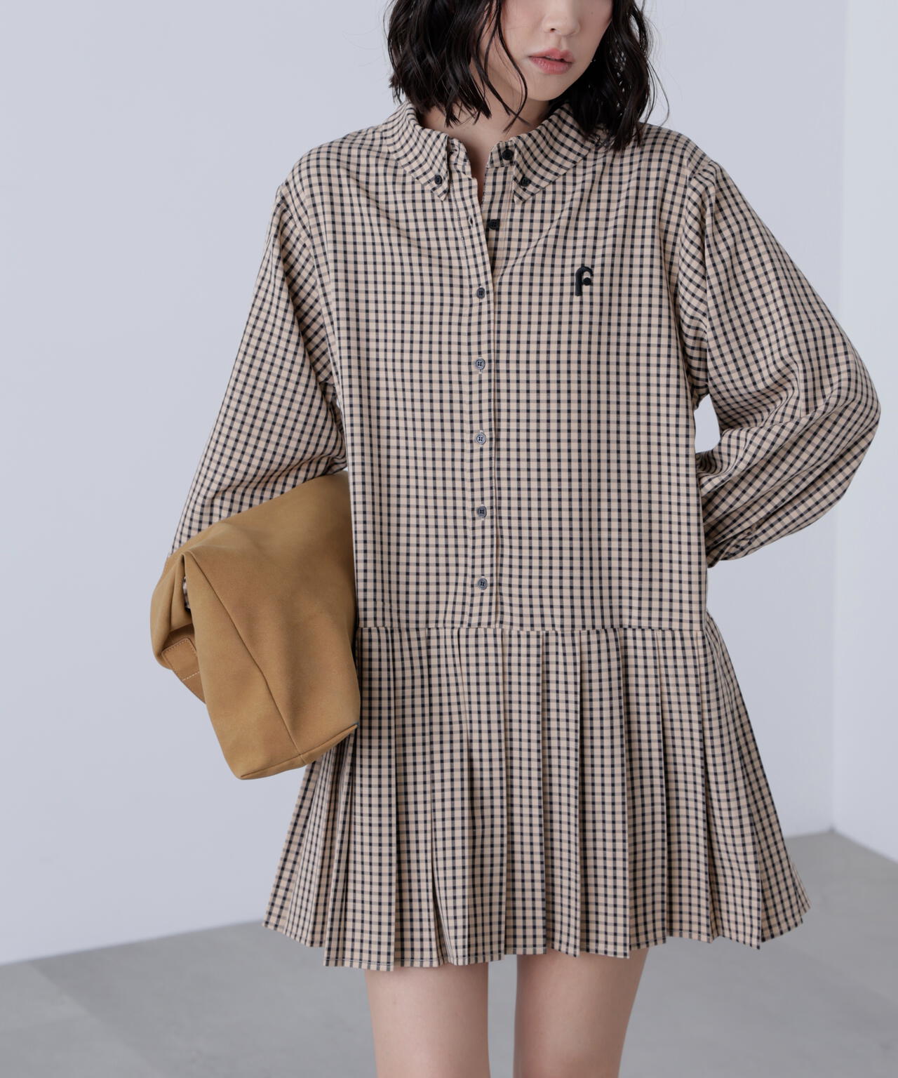 プリーツシャツロングスリーブミニワンピース