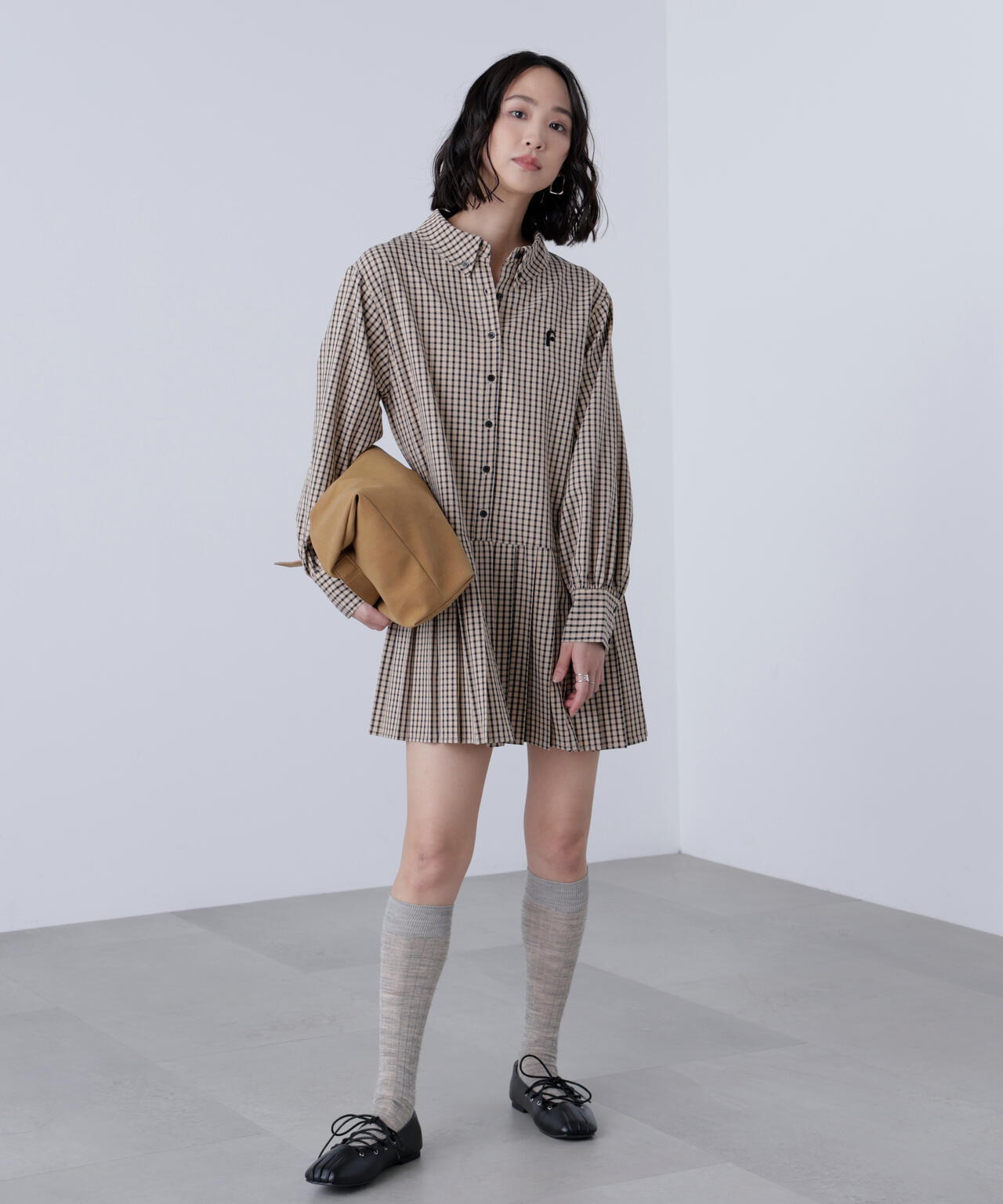 プリーツシャツロングスリーブミニワンピース