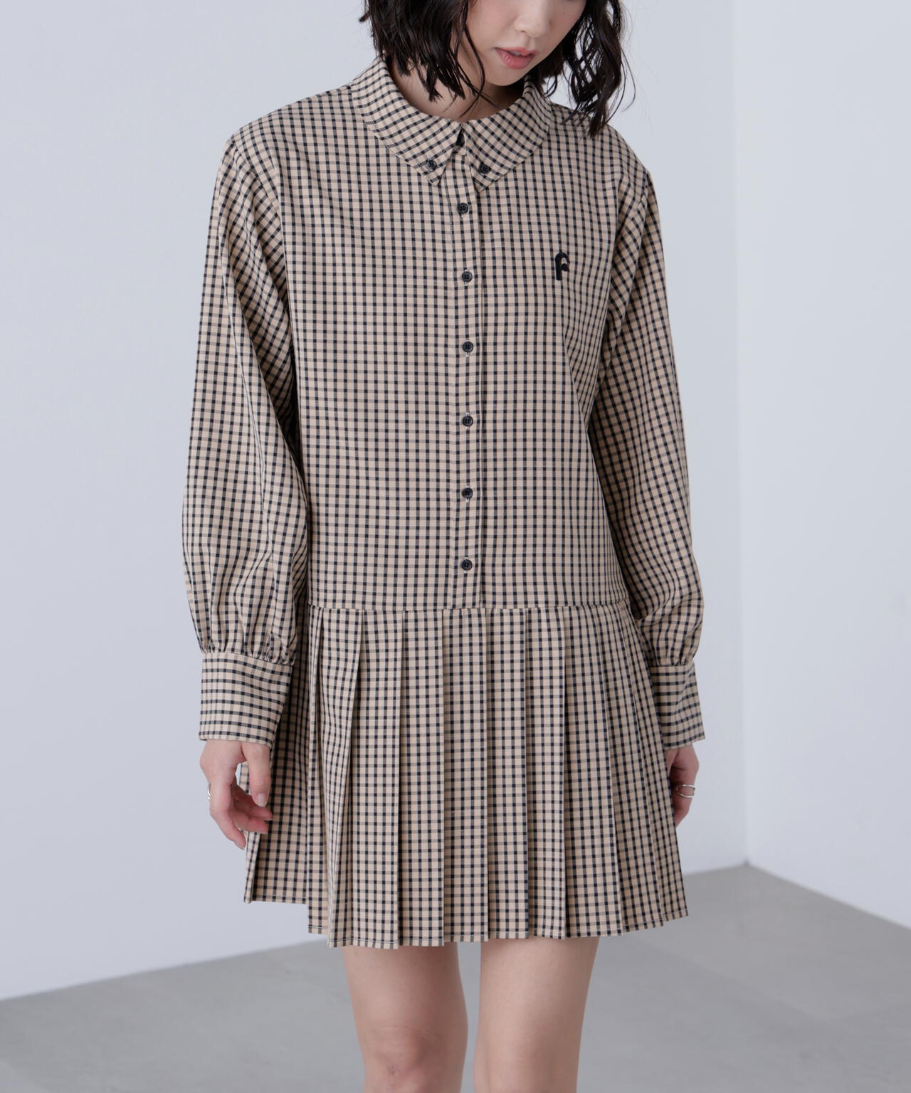 プリーツシャツロングスリーブミニワンピース