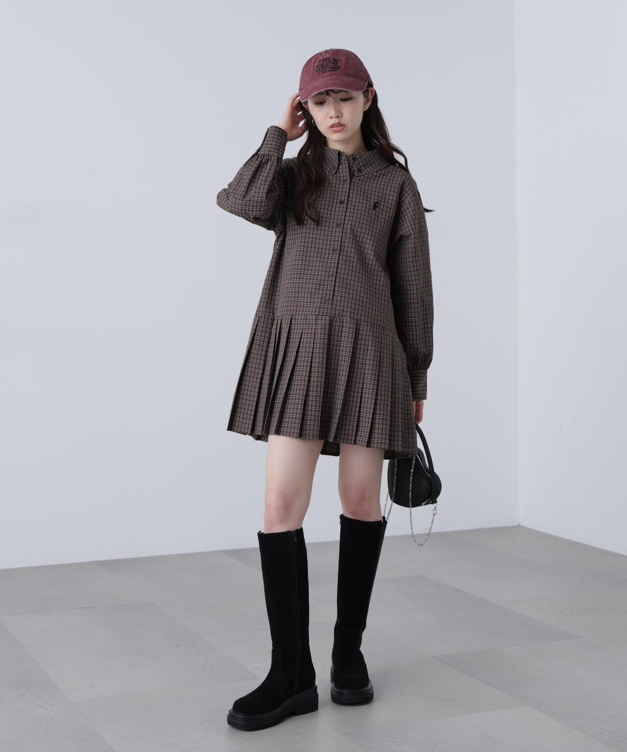 プリーツシャツロングスリーブミニワンピース