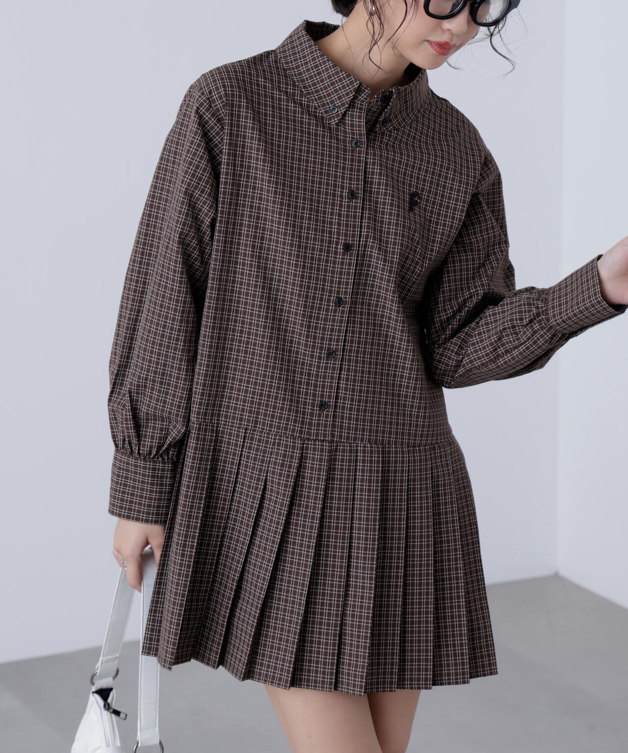 プリーツシャツロングスリーブミニワンピース