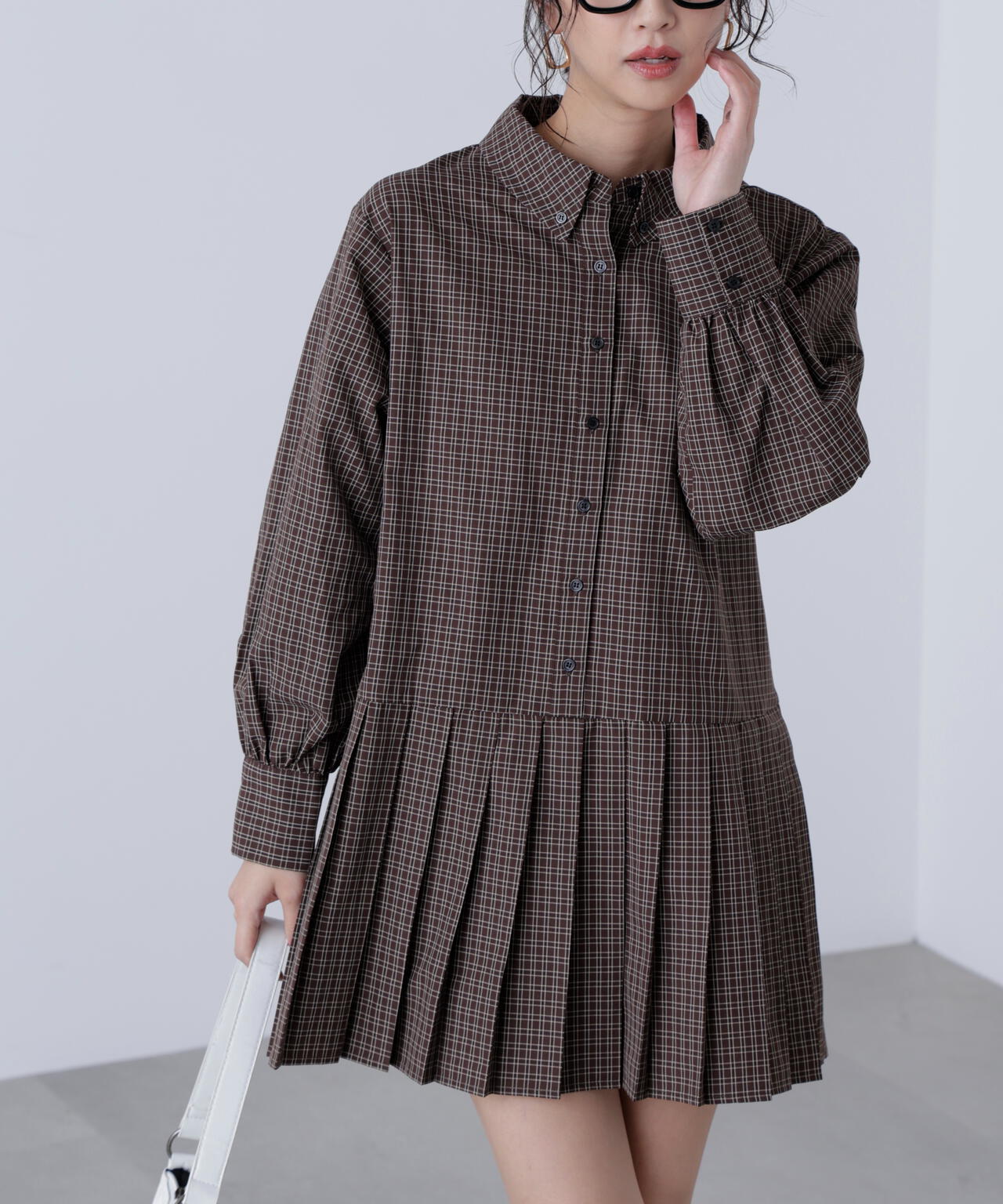 プリーツシャツロングスリーブミニワンピース