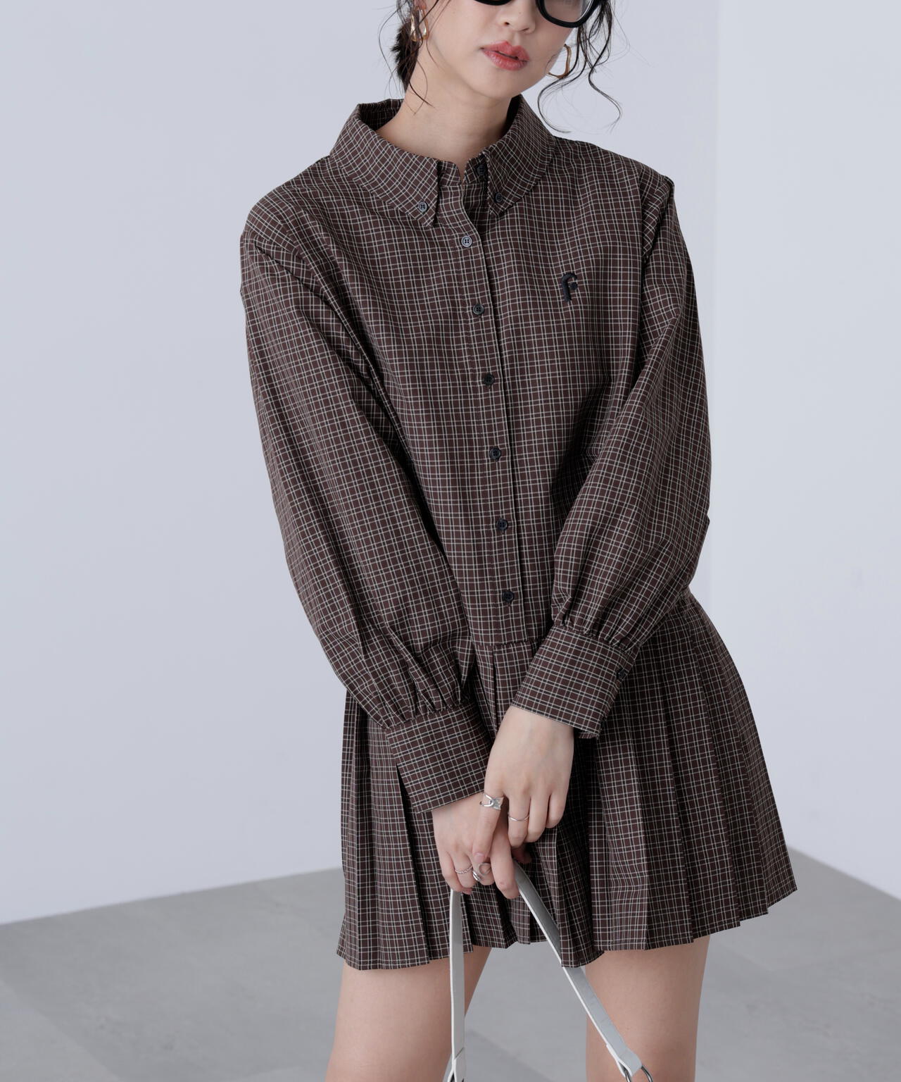 プリーツシャツロングスリーブミニワンピース