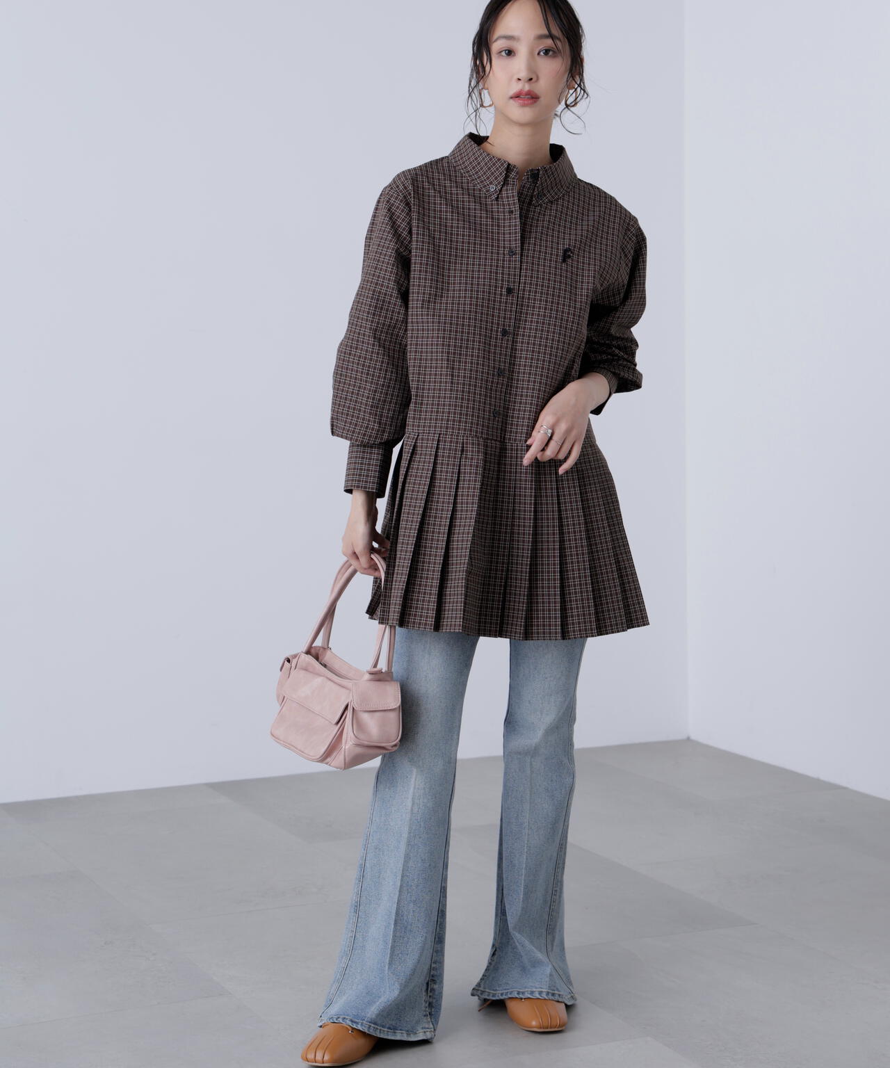 プリーツシャツロングスリーブミニワンピース