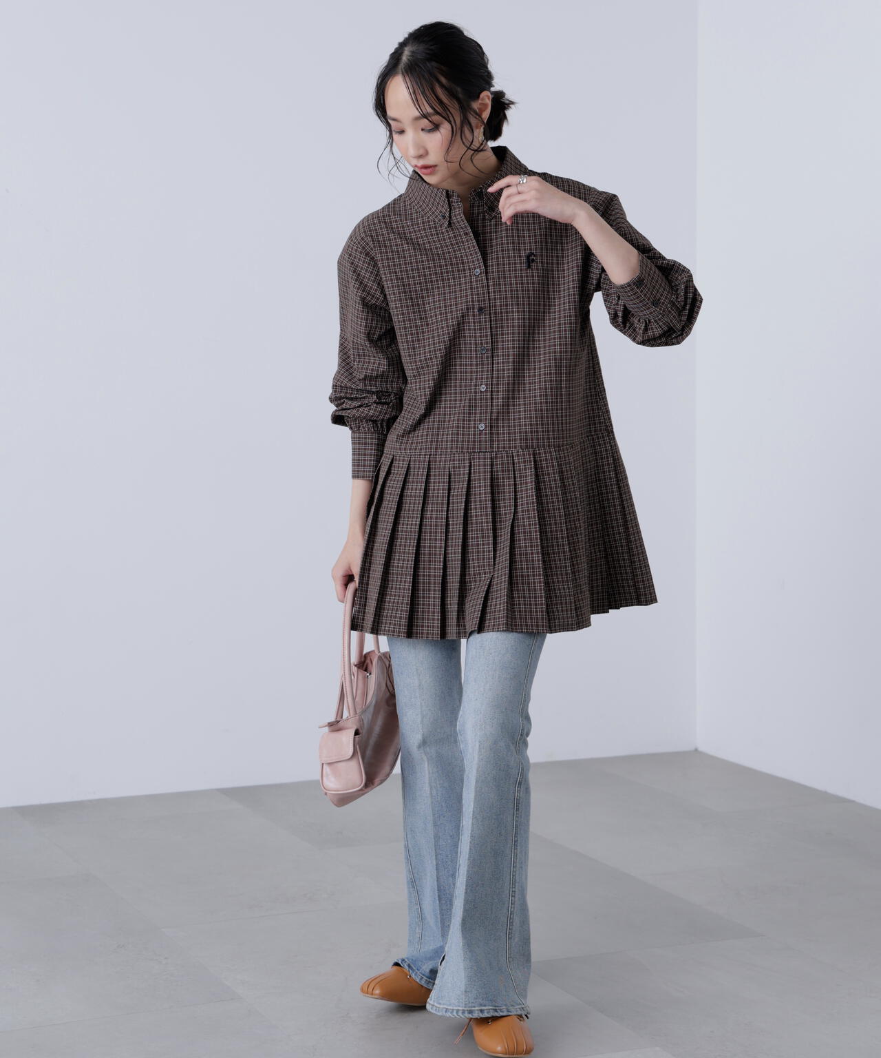 プリーツシャツロングスリーブミニワンピース