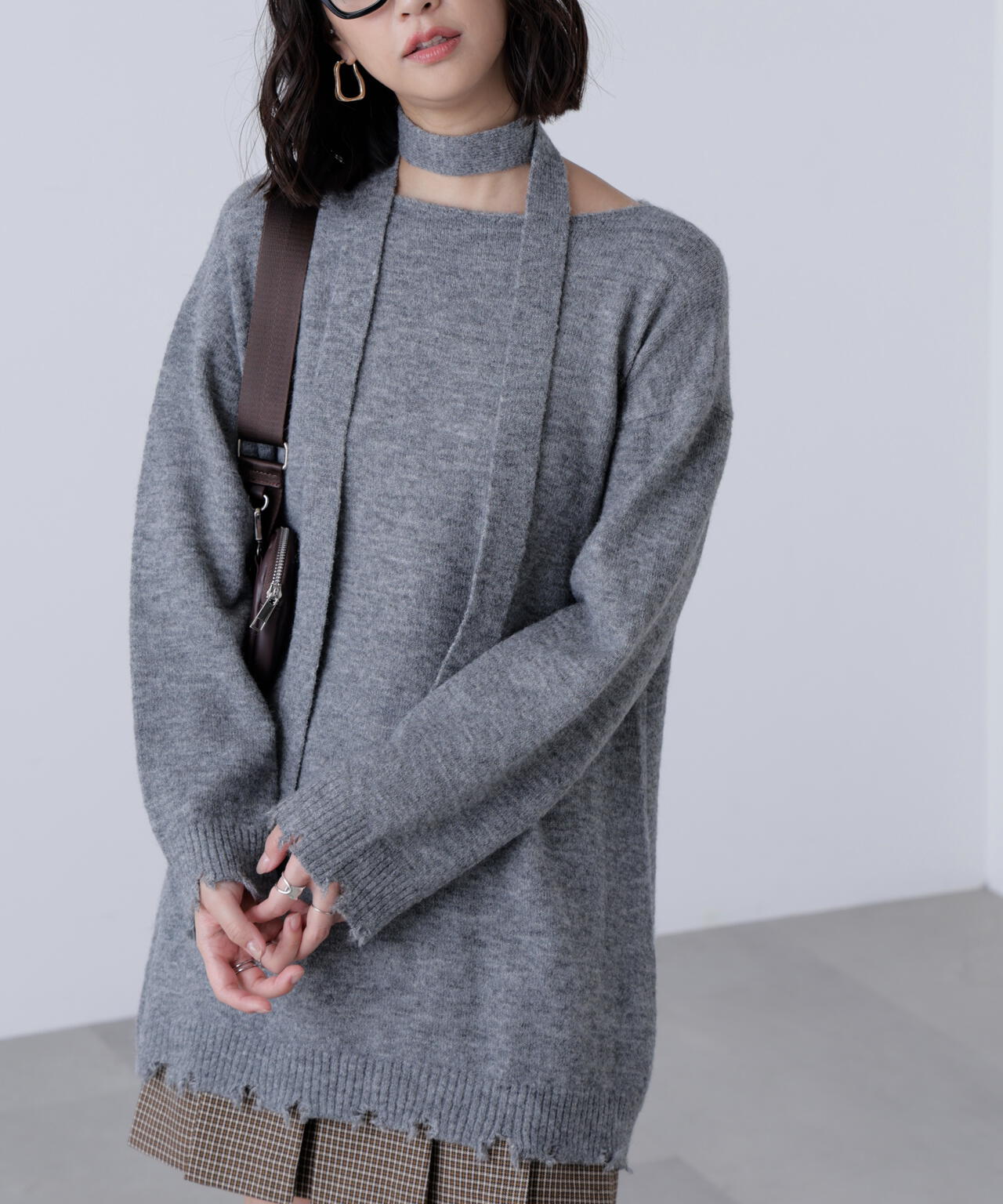 モヘヤ混タイ付きルーズミニワンピース